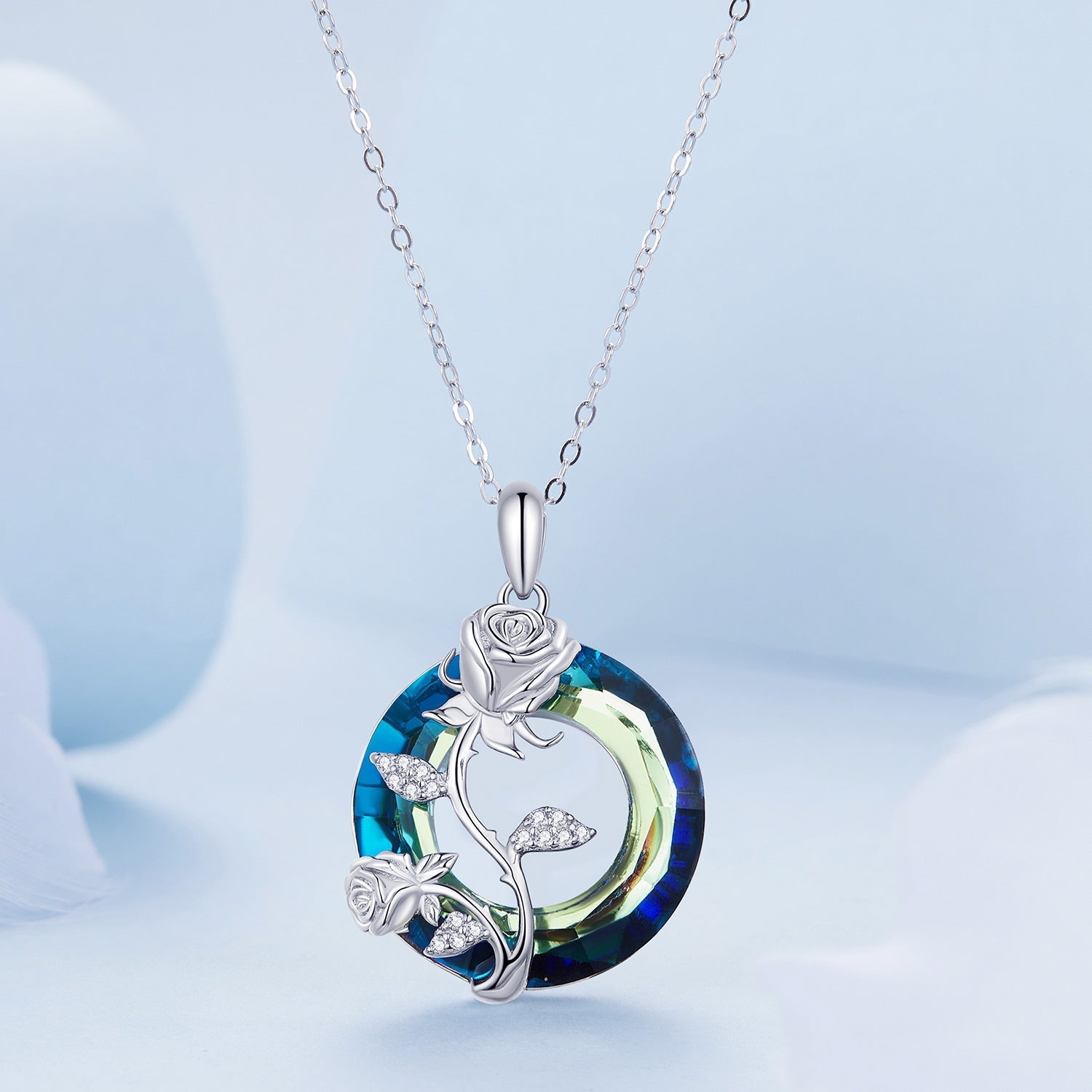 925 Sterling Silver Necklace with Pavé Setting CZ and Transparent Glass, 450mm for Women DestGlow