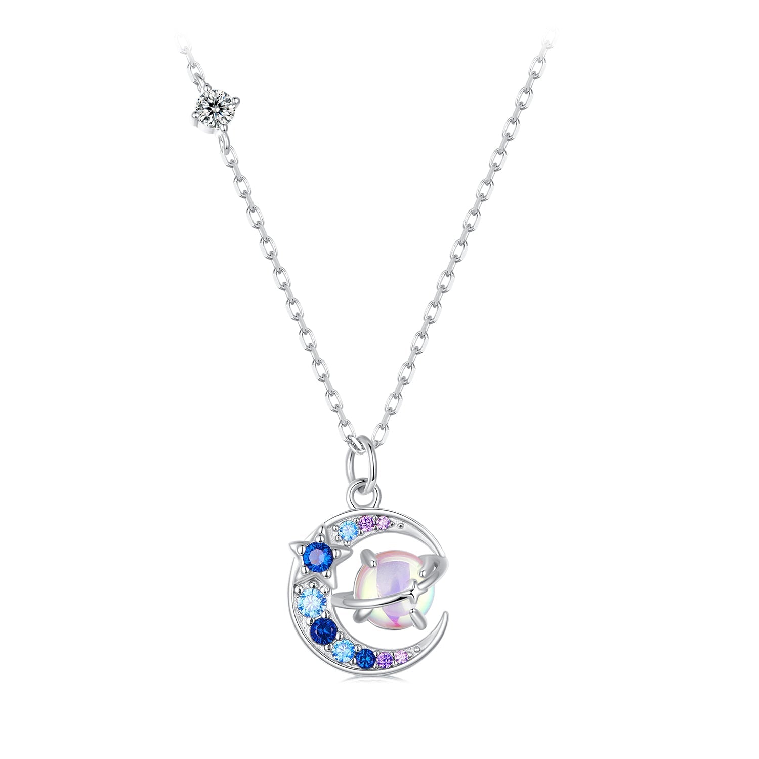 925 Sterling Silver Necklace with Pavé CZ & Transparent Glass Pendant for Women DestGlow