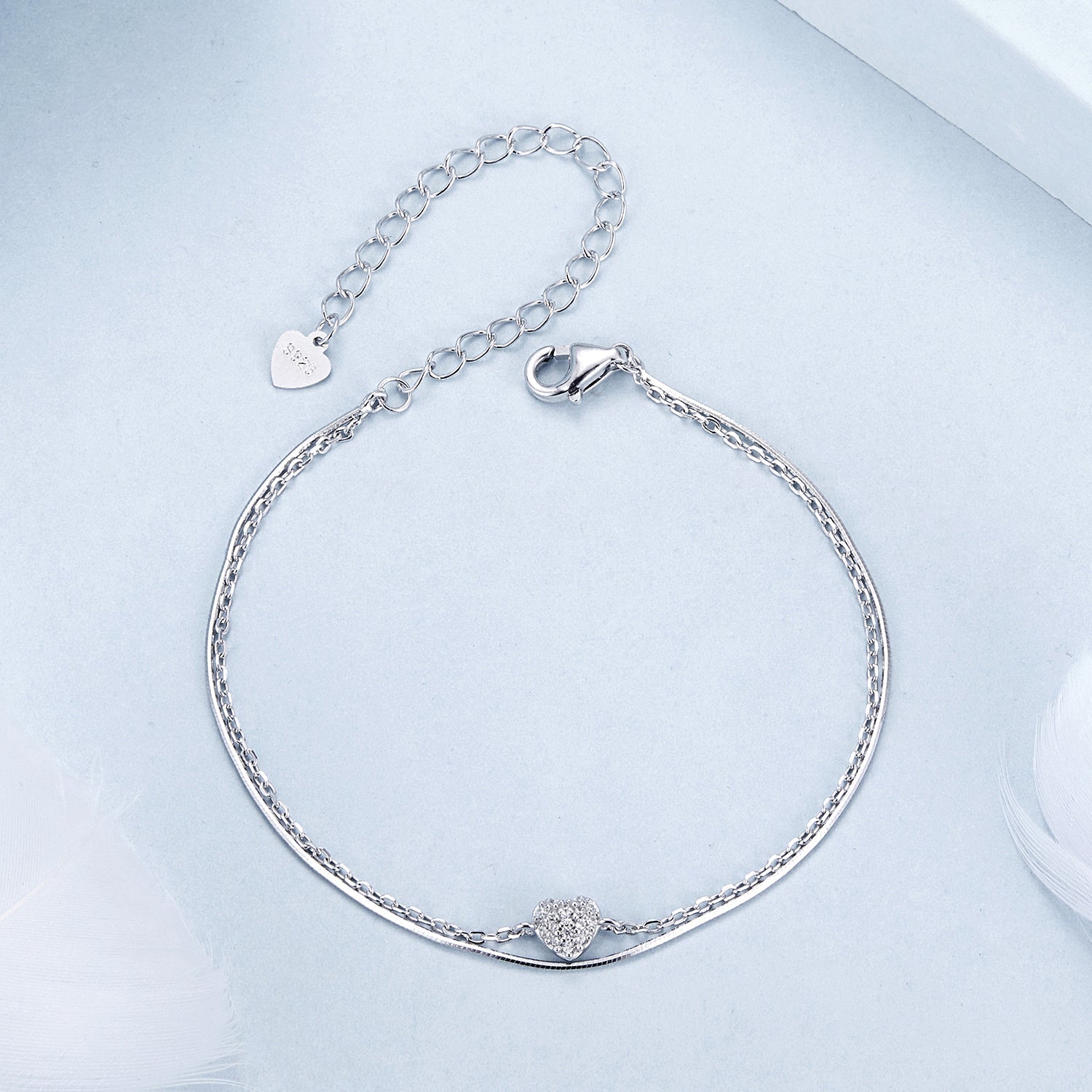 925 Sterling Silver White Gold Plated Heart-Shaped Bracelet with CZ, Length 150+60mm DestGlow