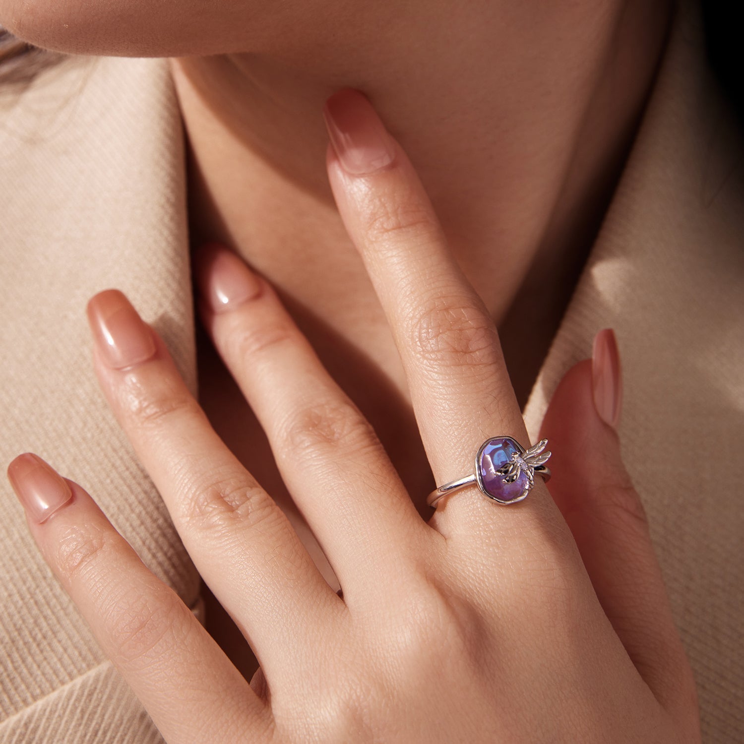 925 Sterling Silver Ring with Nano Opal Stone, 0.15 cm Width for Women DestGlow