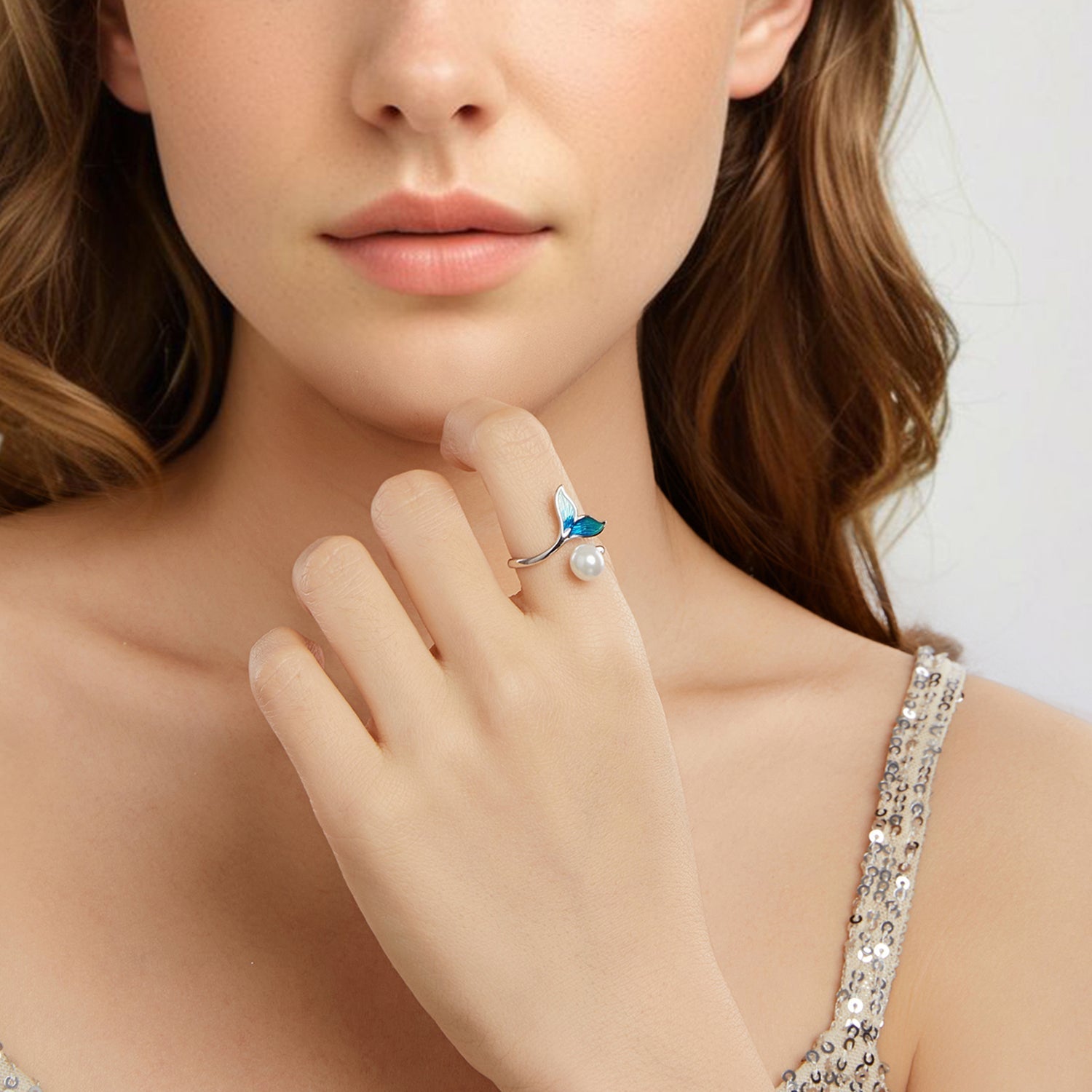 925 Sterling Silver Enamel White Gold Plated Fishtail Ring with Quality Shell Pearl for Women DestGlow