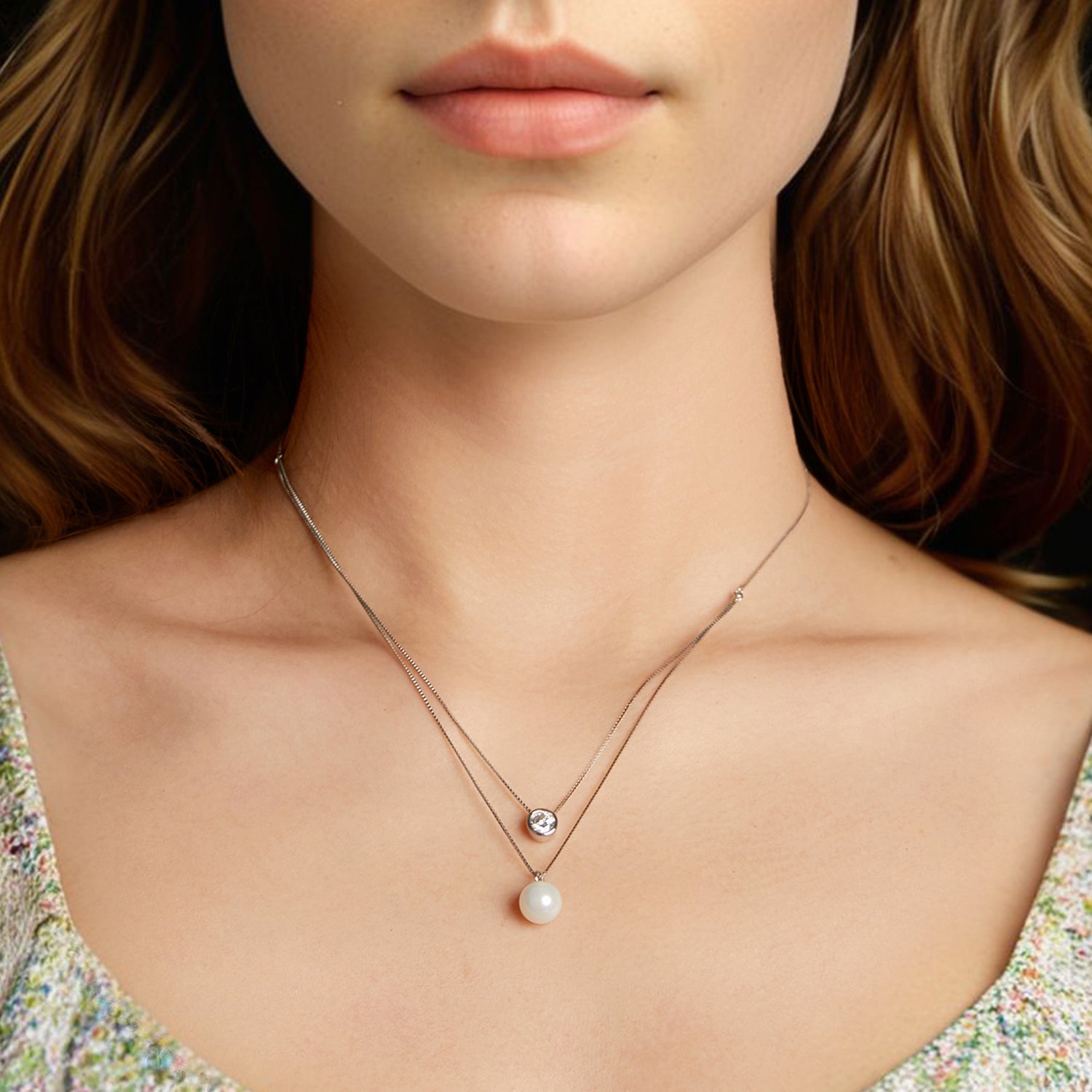 925 Sterling Silver Moissanite & Quality Shell Pearl Necklace for Women - 40+5cm, White Gold Plated DestGlow