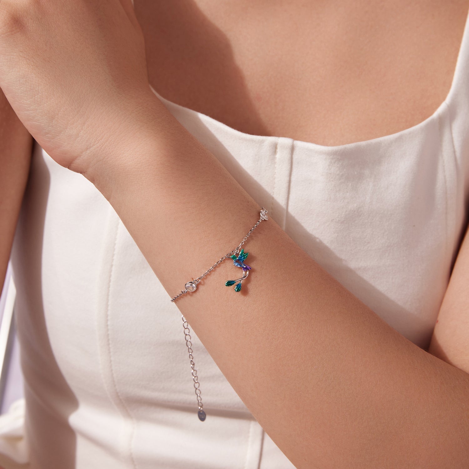 925 Sterling Silver Enamel Pavé CZ White Gold Bracelet for Women 15+6cm DestGlow