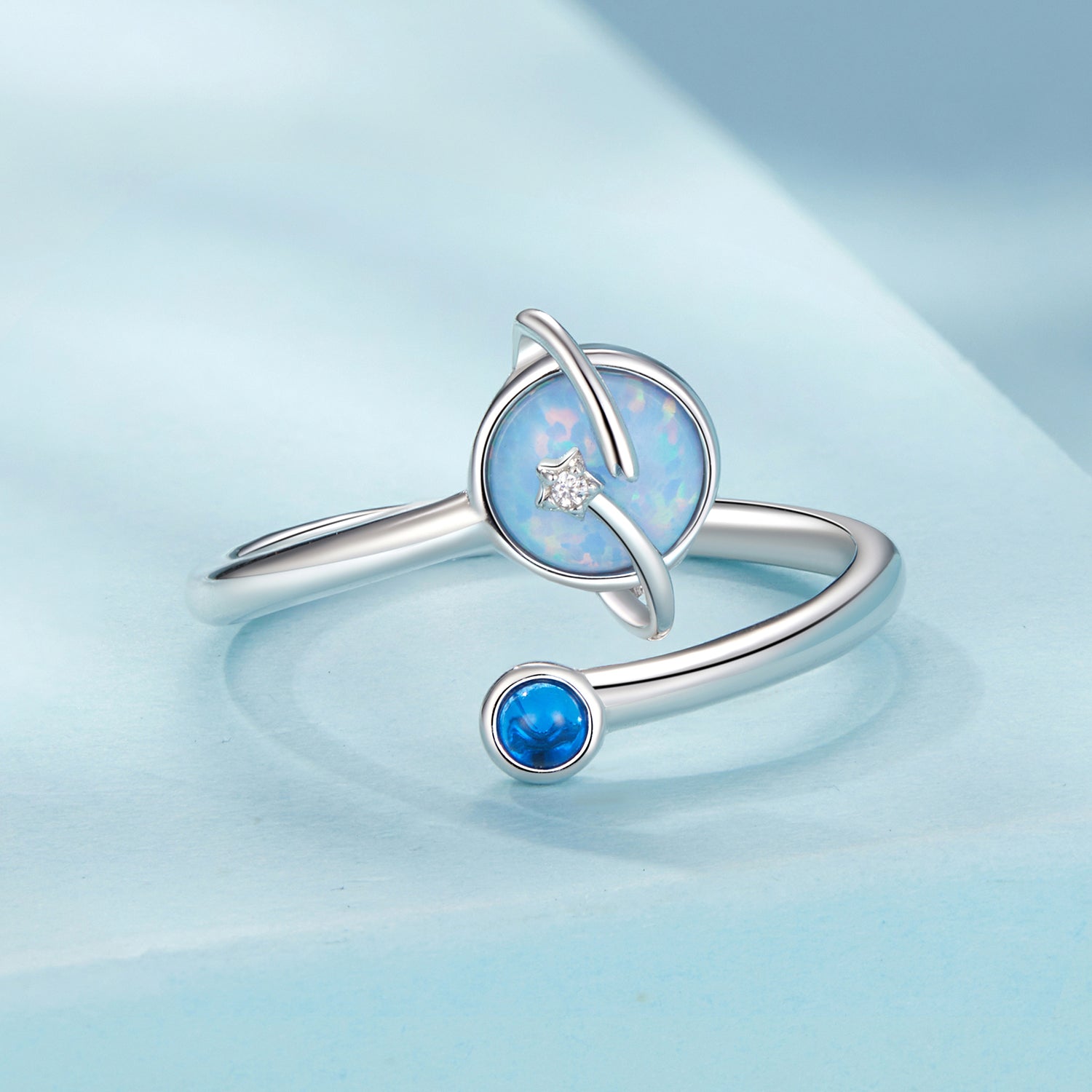 925 Sterling Silver Ring with Pavé Setting, White Gold Plated, with Translucent Opal for Women DestGlow
