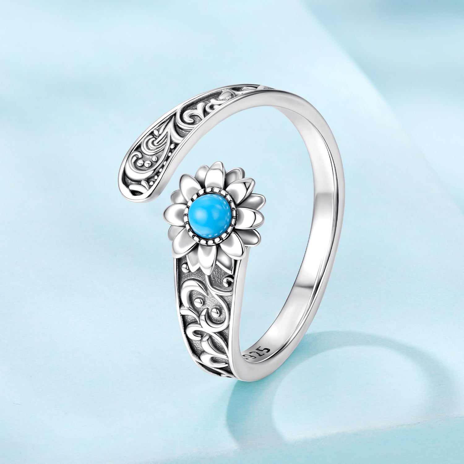 925 Sterling Silver Oxidized Synthetic Turquoise Ring 0.23-0.8cm Women DestGlow