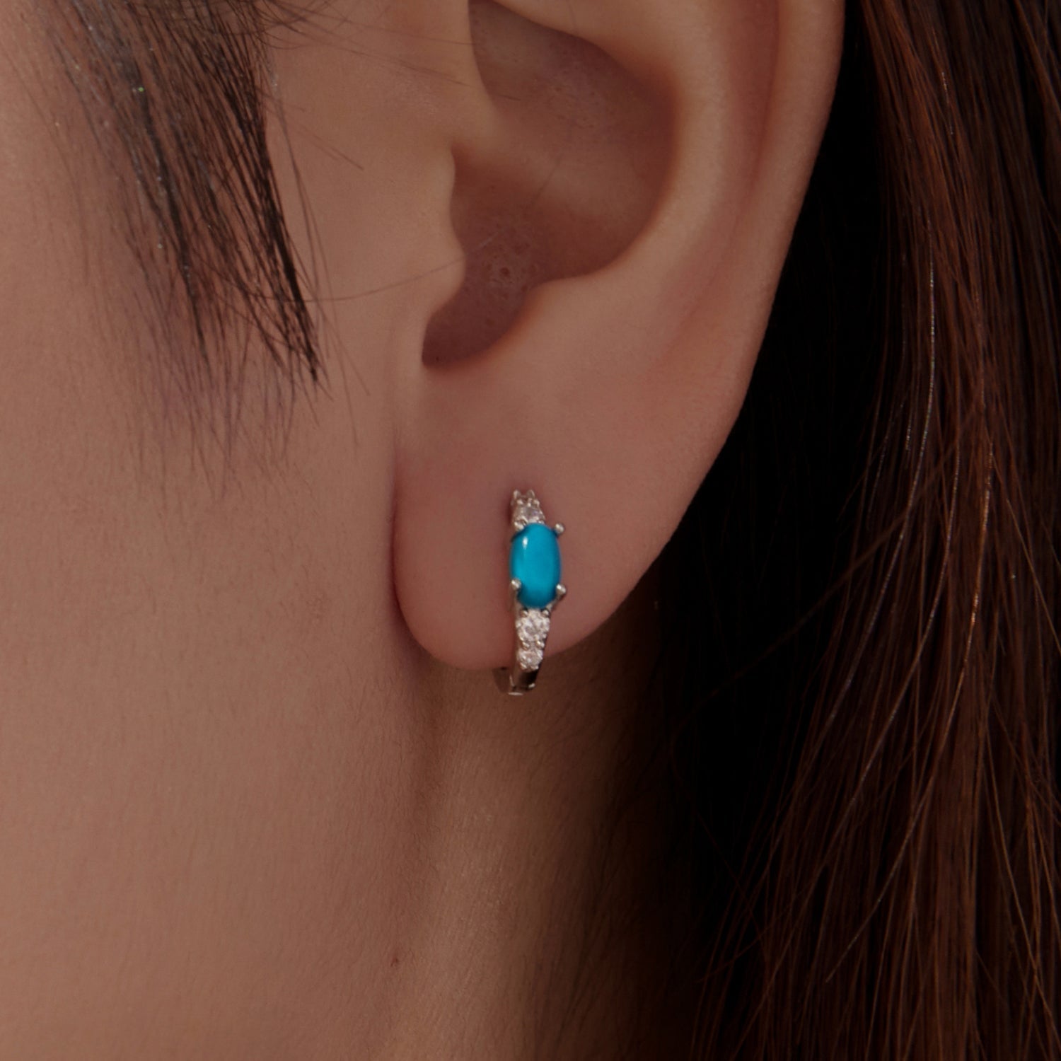 925 Sterling Silver Earrings with Synthetic Turquoise and CZ, White Gold Plated, 1.0cm Hoop for Women DestGlow