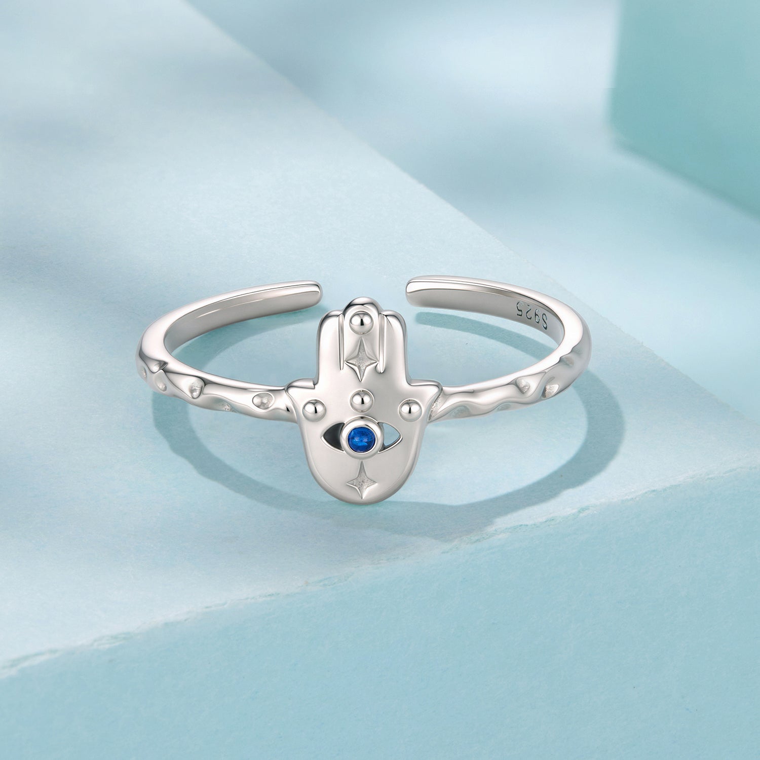 925 Sterling Silver Hamsa Hand Ring with Synthetic Spinel for Women DestGlow