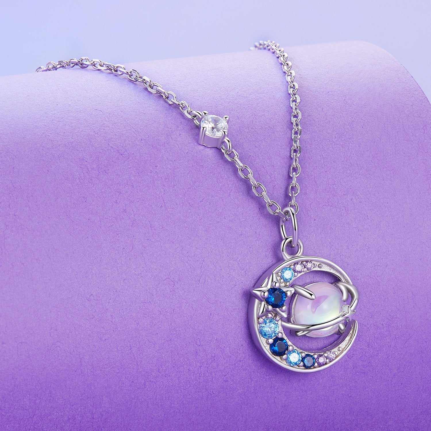 925 Sterling Silver Necklace with Pavé CZ & Transparent Glass Pendant for Women DestGlow
