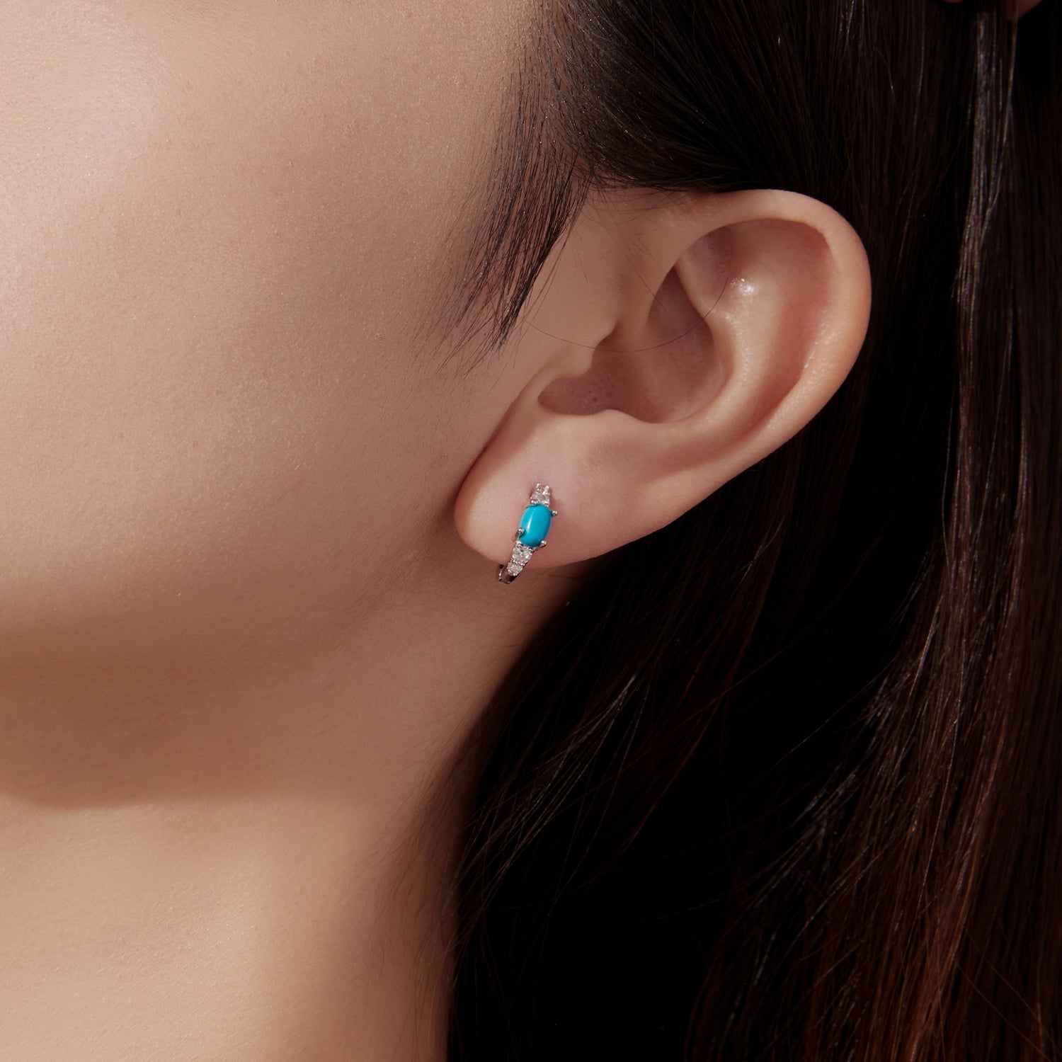 925 Sterling Silver Earrings with Synthetic Turquoise and CZ, White Gold Plated, 1.0cm Hoop for Women DestGlow