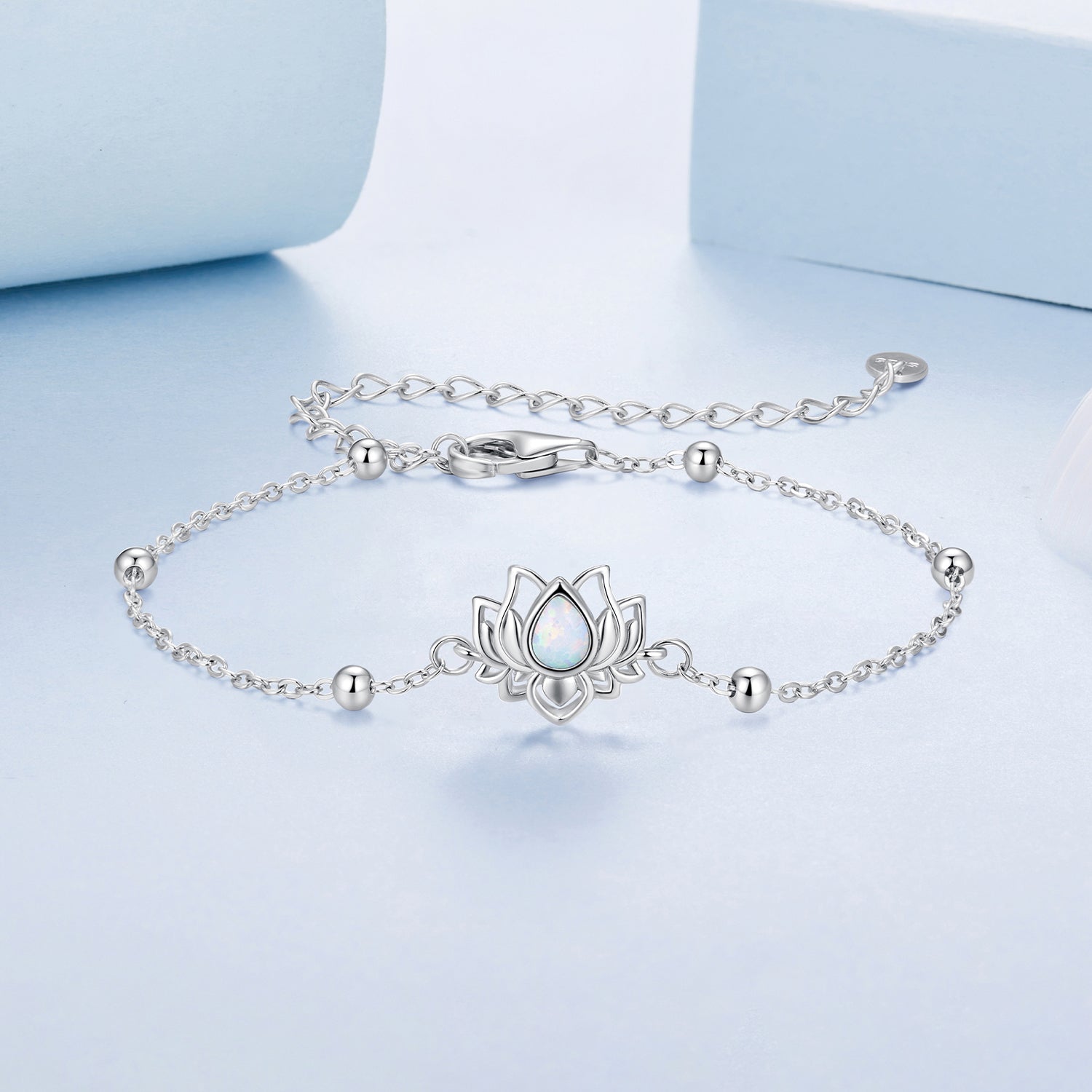 925 Sterling Silver White Gold Plated Bracelet with Synthetic Opal - Length 15+6cm for Women DestGlow