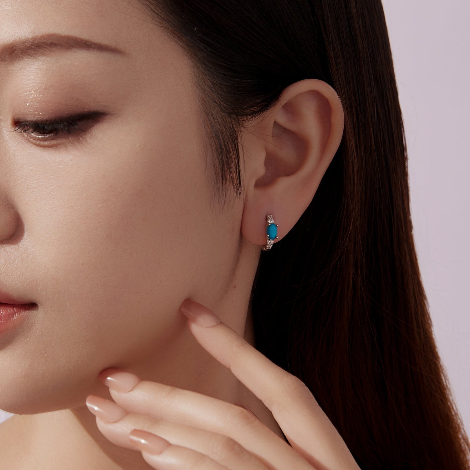 925 Sterling Silver Earrings with Synthetic Turquoise and CZ, White Gold Plated, 1.0cm Hoop for Women DestGlow
