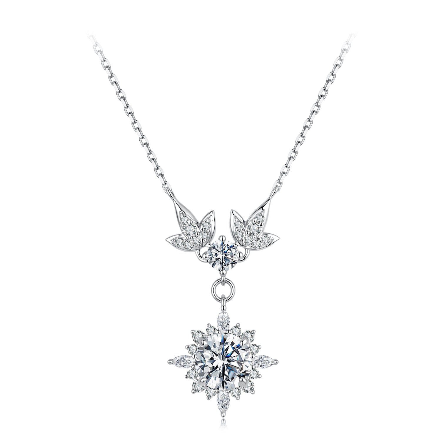 925 Sterling Silver Moissanite Pendant Necklace with Pavé Setting in White Gold - 40+5cm for Women DestGlow