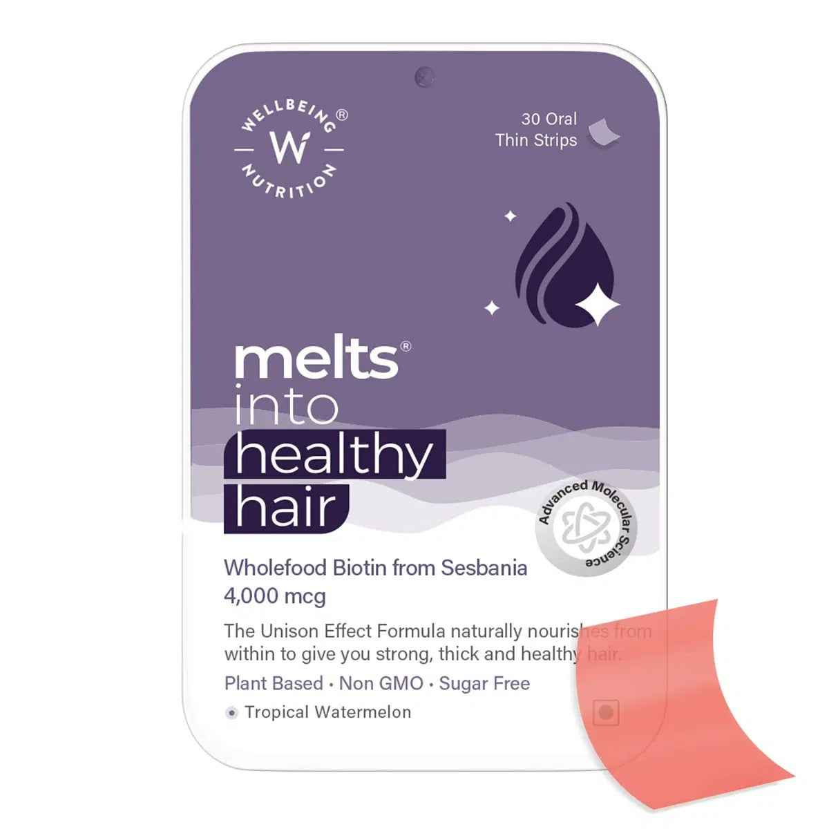 Wellbeing Nutrition Melts into Healthy Hair Biotin 10,000mcg Tropical Watermelon Disintegrating Strip Sugar Free