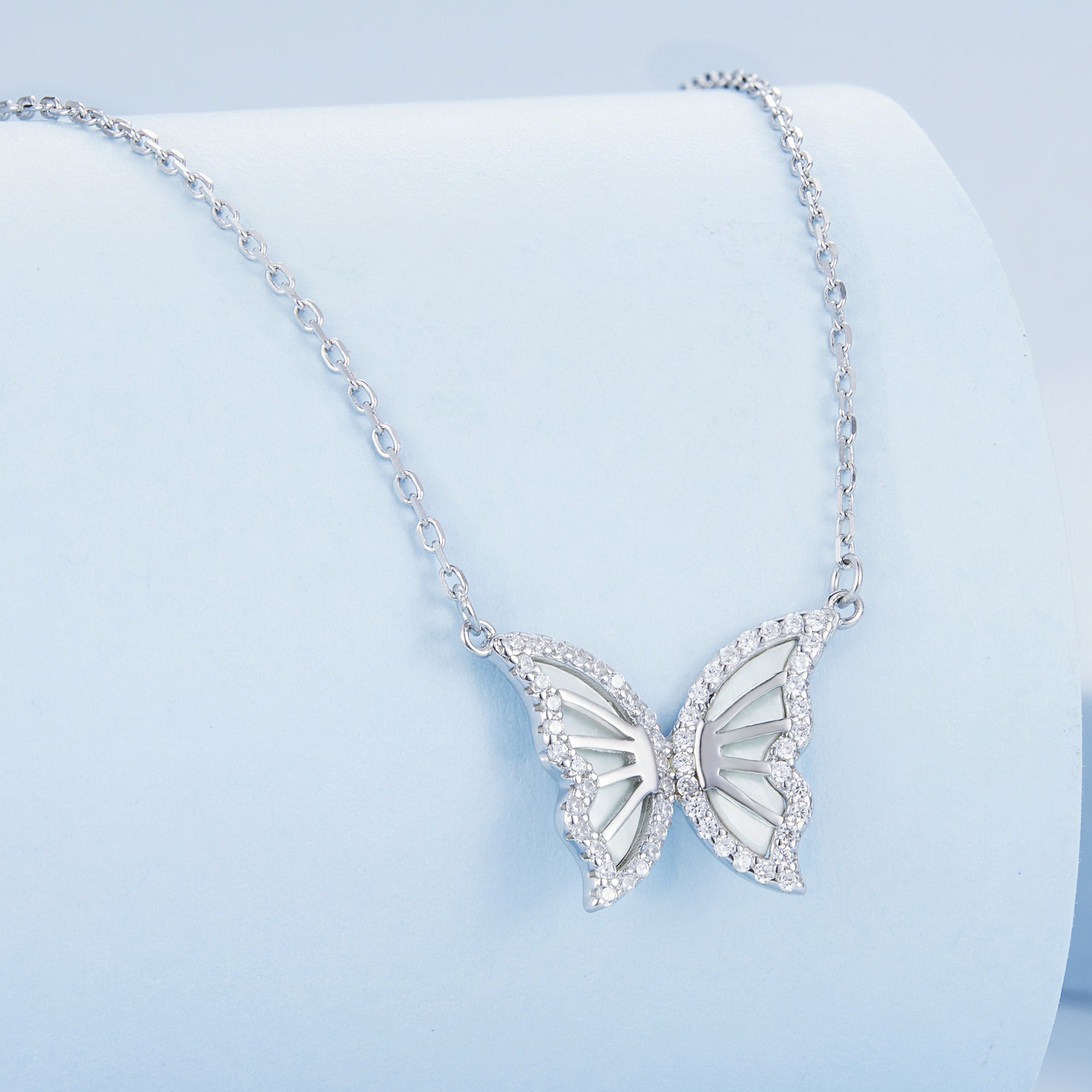 S925 Sterling Silver Plated Nacre & CZ Necklace, 40+5cm for Women DestGlow