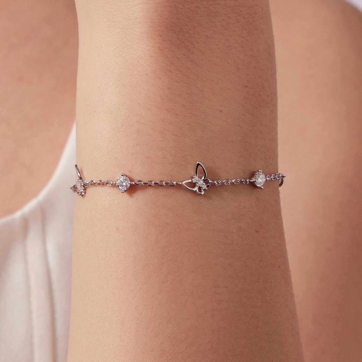 925 Sterling Silver White Gold Plated Bracelet with Moissanite, 15+6cm, for Women DestGlow