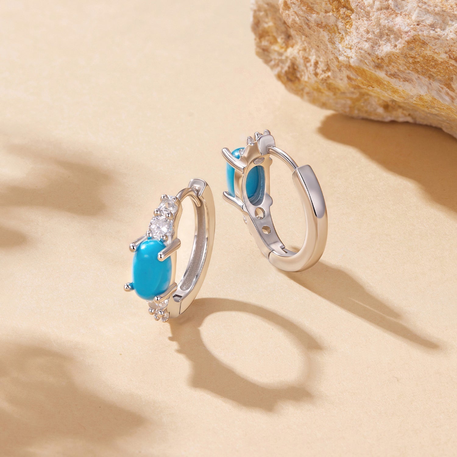 925 Sterling Silver Earrings with Synthetic Turquoise and CZ, White Gold Plated, 1.0cm Hoop for Women DestGlow