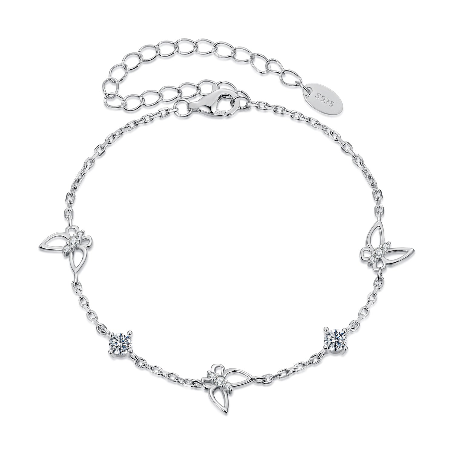 925 Sterling Silver White Gold Plated Bracelet with Moissanite, 15+6cm, for Women DestGlow