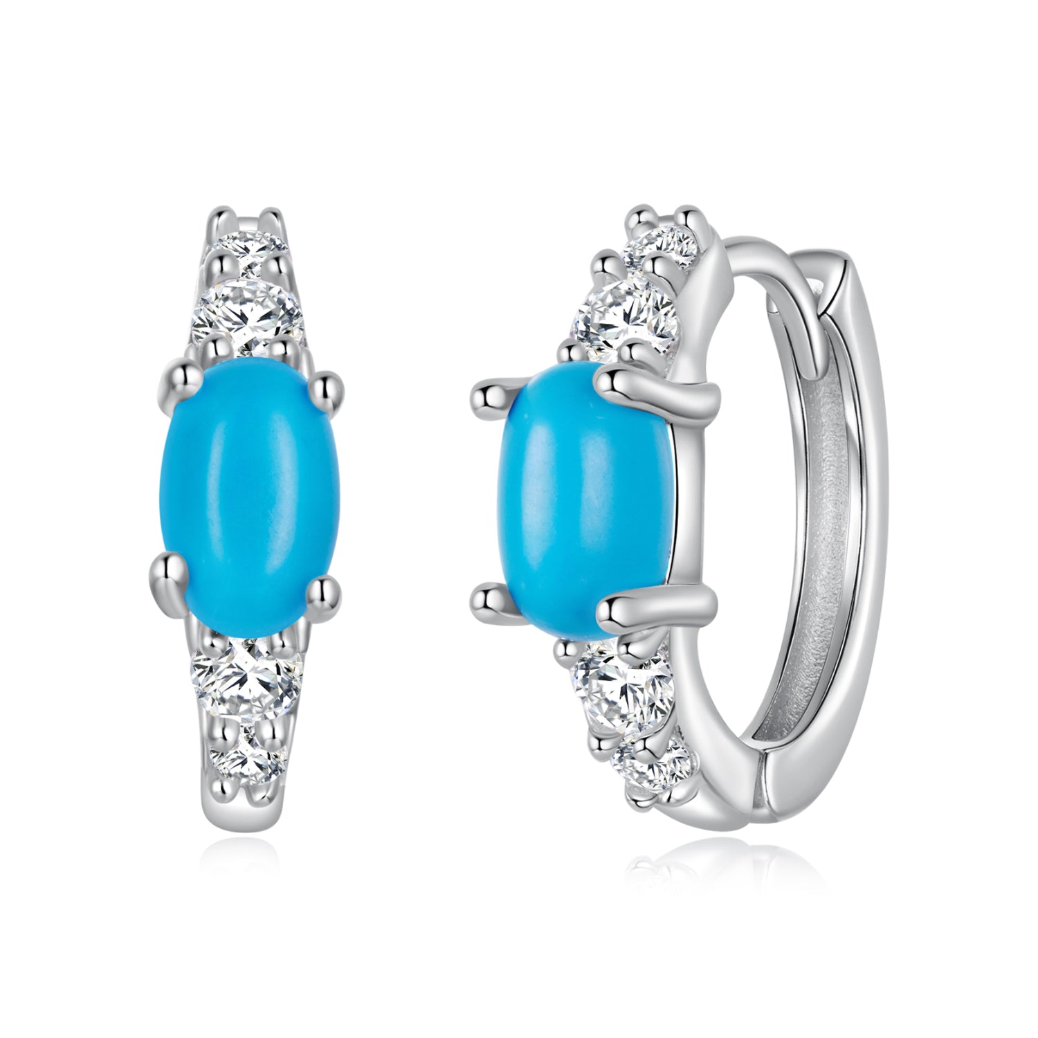 925 Sterling Silver Earrings with Synthetic Turquoise and CZ, White Gold Plated, 1.0cm Hoop for Women DestGlow