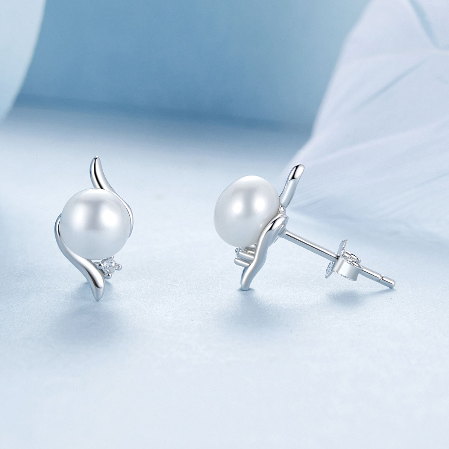 925 Sterling Silver Natural Pearl & CZ Earrings Plated in Platinum DestGlow