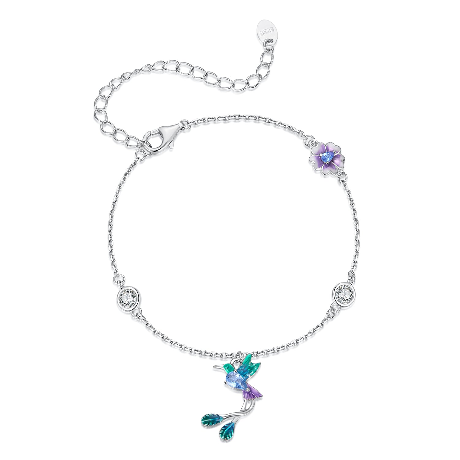 925 Sterling Silver Enamel Pavé CZ White Gold Bracelet for Women 15+6cm DestGlow
