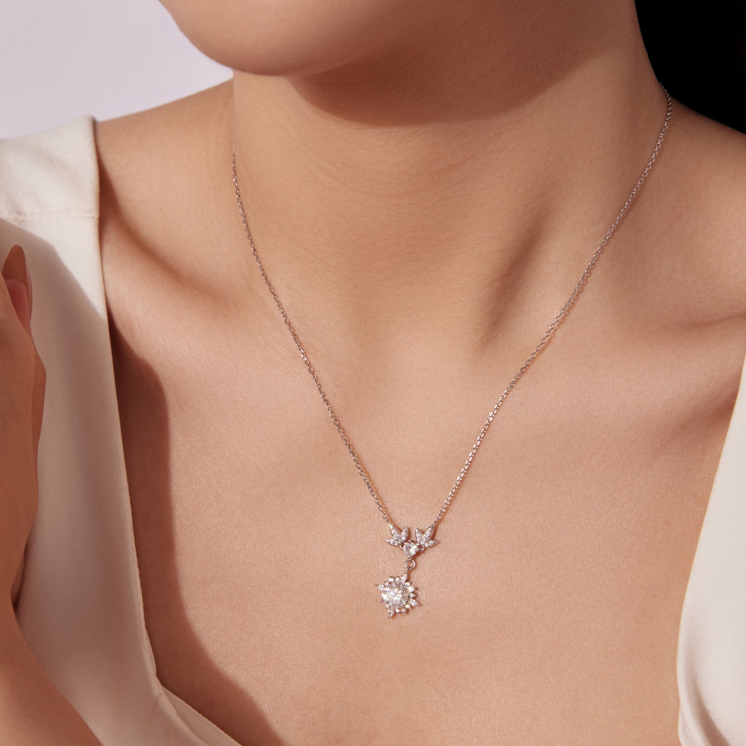 925 Sterling Silver Moissanite Pendant Necklace with Pavé Setting in White Gold - 40+5cm for Women DestGlow