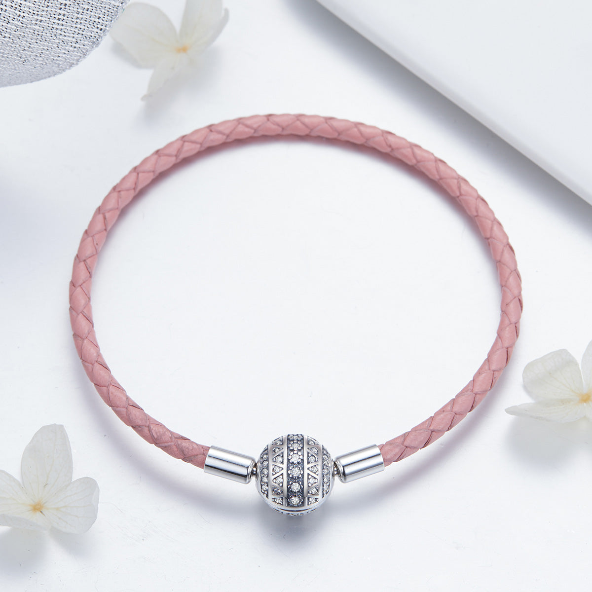 925 Sterling Silver Pavé Setting CZ Bracelet with Genuine Leather for Women DestGlow