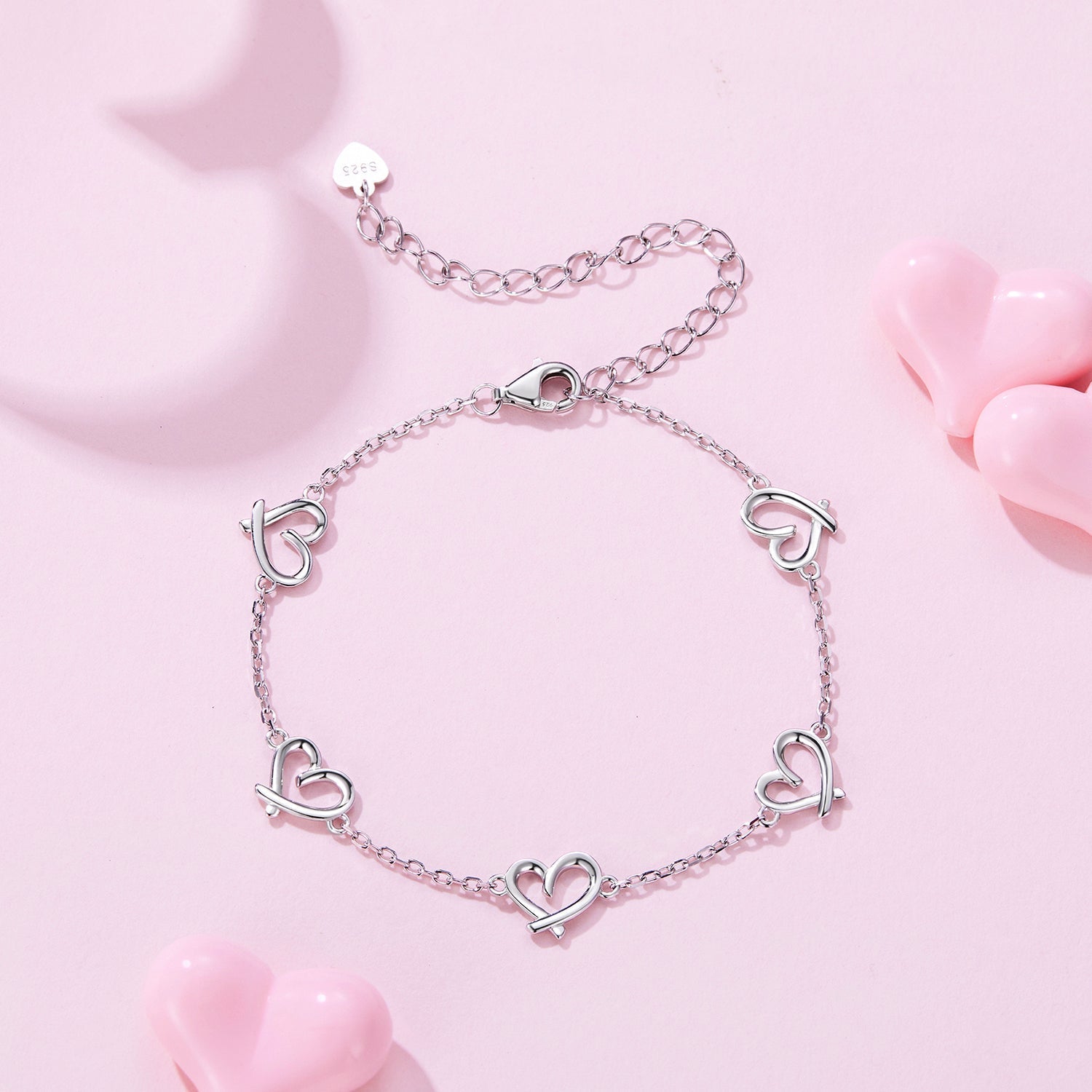 925 Sterling Silver 15+6cm 0.8cm Heart White Gold Plated Bracelet for Women DestGlow