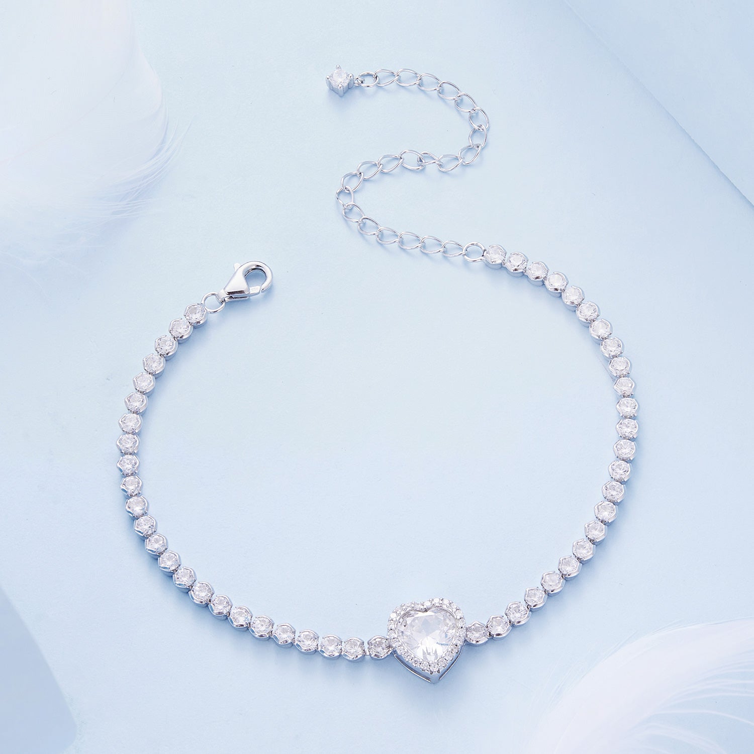 925 Sterling Silver Bracelet with CZ Zircon, 15+6.5cm, Platinum Plated for Women DestGlow
