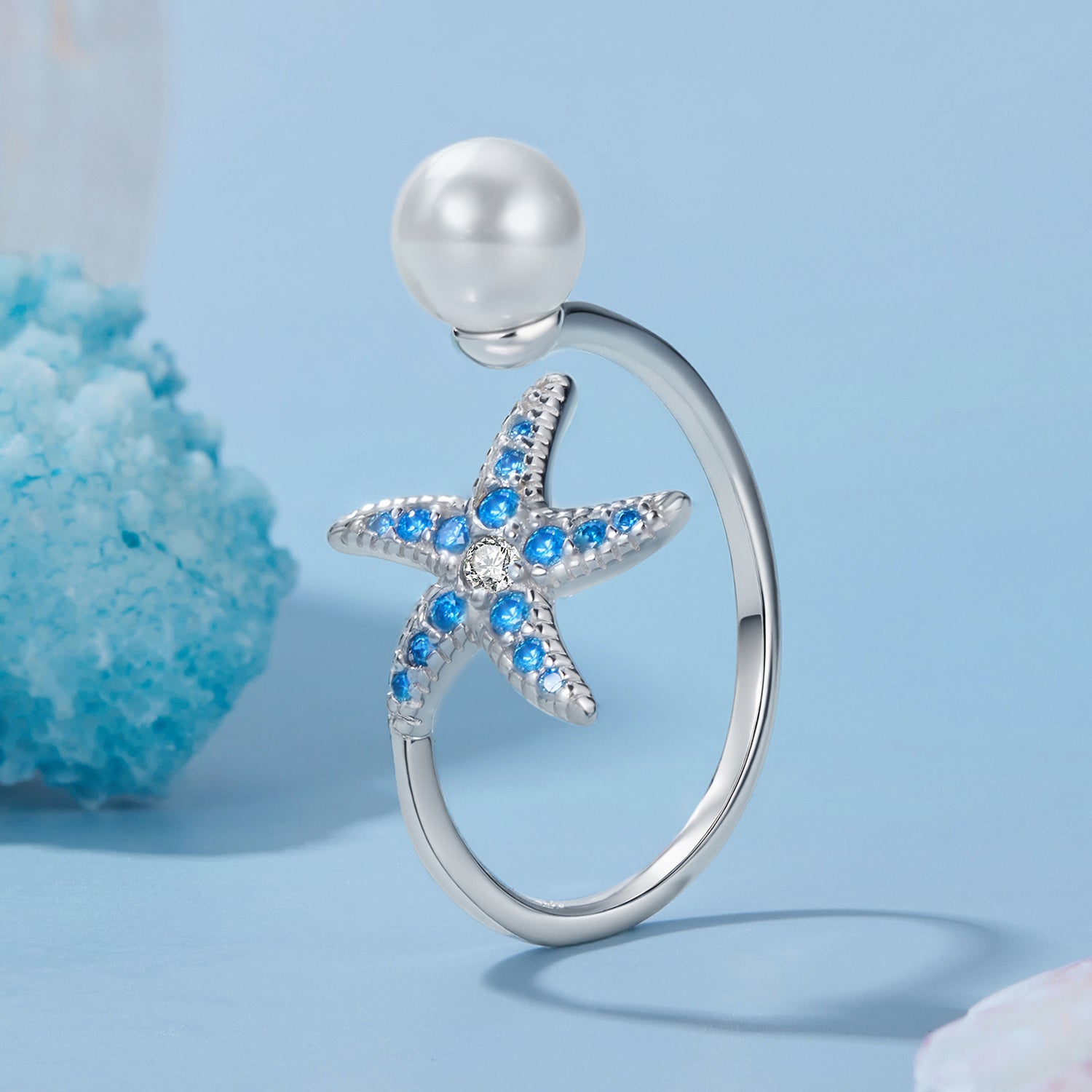 925 Sterling Silver White Gold Plated Quality Shell Pearl Starfish Ring for Women DestGlow