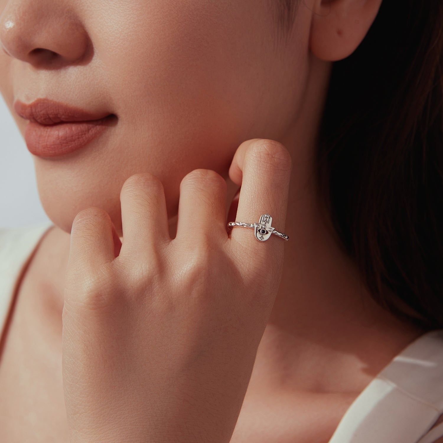 925 Sterling Silver Hamsa Hand Ring with Synthetic Spinel for Women DestGlow