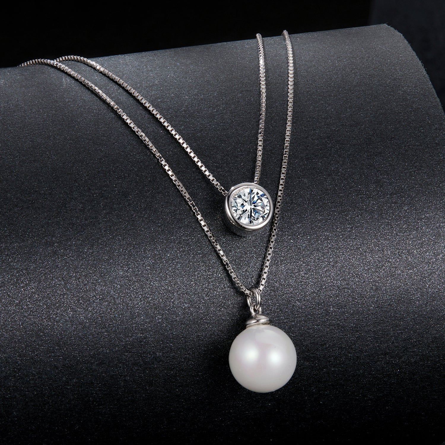 925 Sterling Silver Moissanite & Quality Shell Pearl Necklace for Women - 40+5cm, White Gold Plated DestGlow