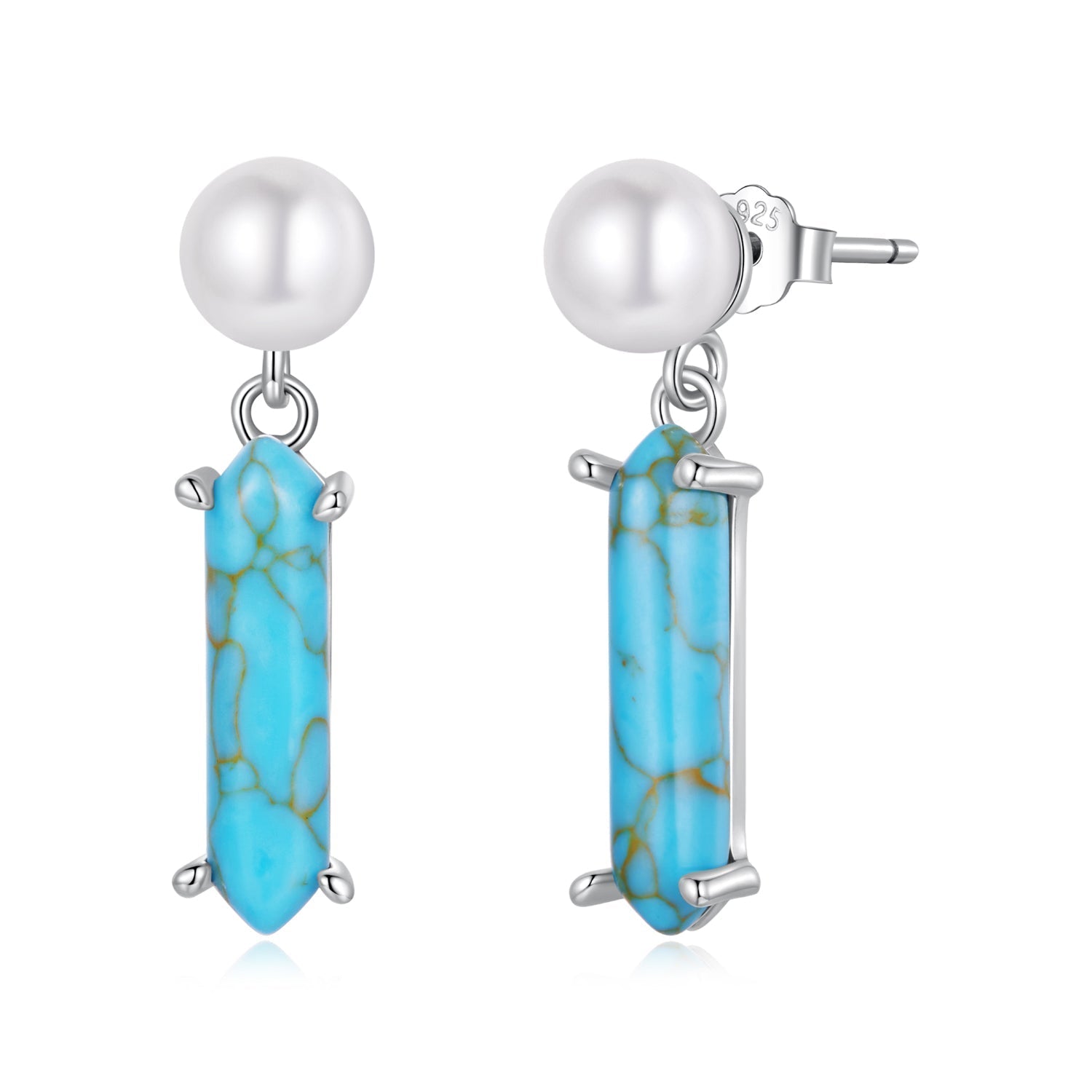 925 Sterling Silver Earrings with Synthetic Turquoise and Pearl, 2.4*0.6cm for Women DestGlow