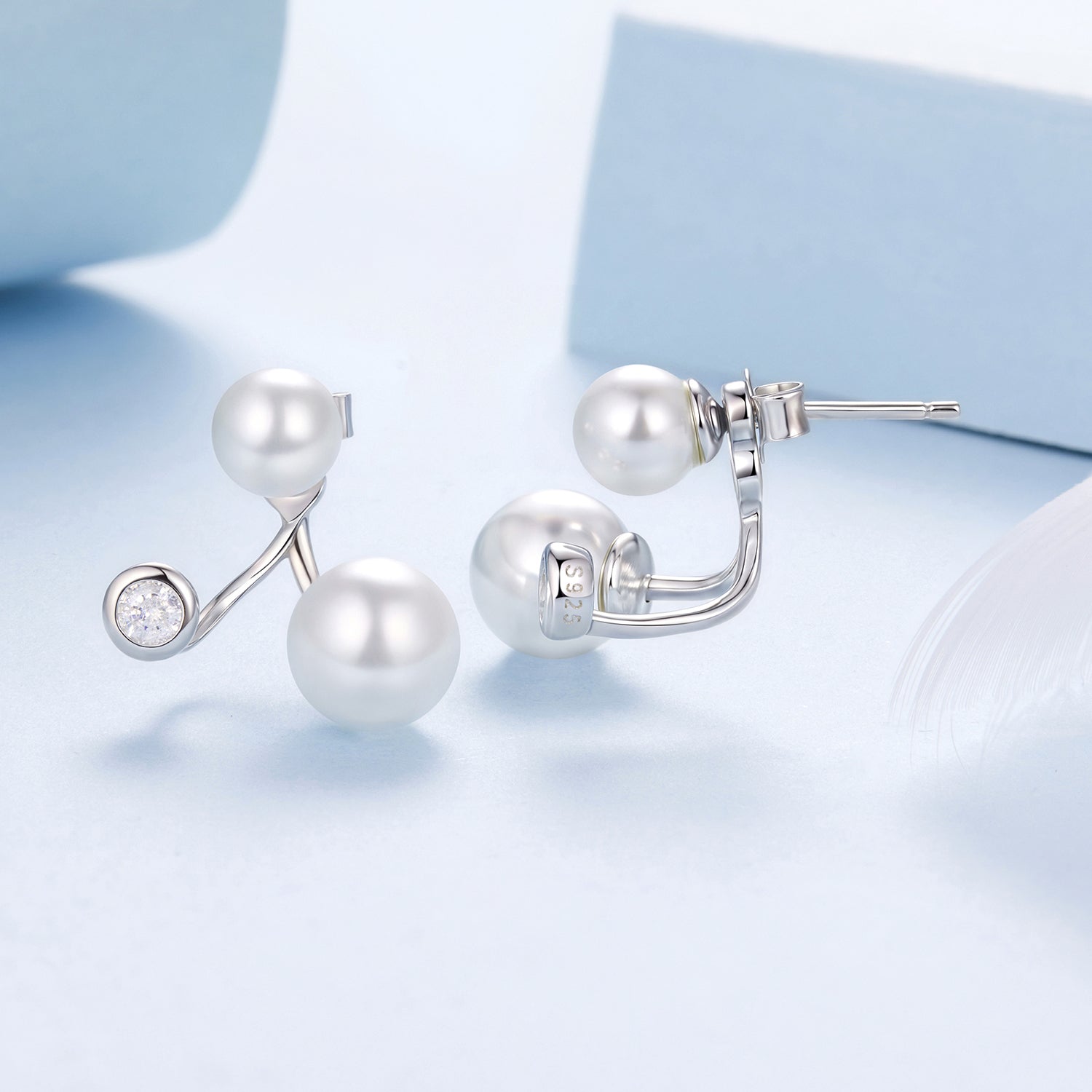 925 Sterling Silver Earrings with CZ and Synthetic Pearl, 1.7cm, White Gold Plated for Women DestGlow