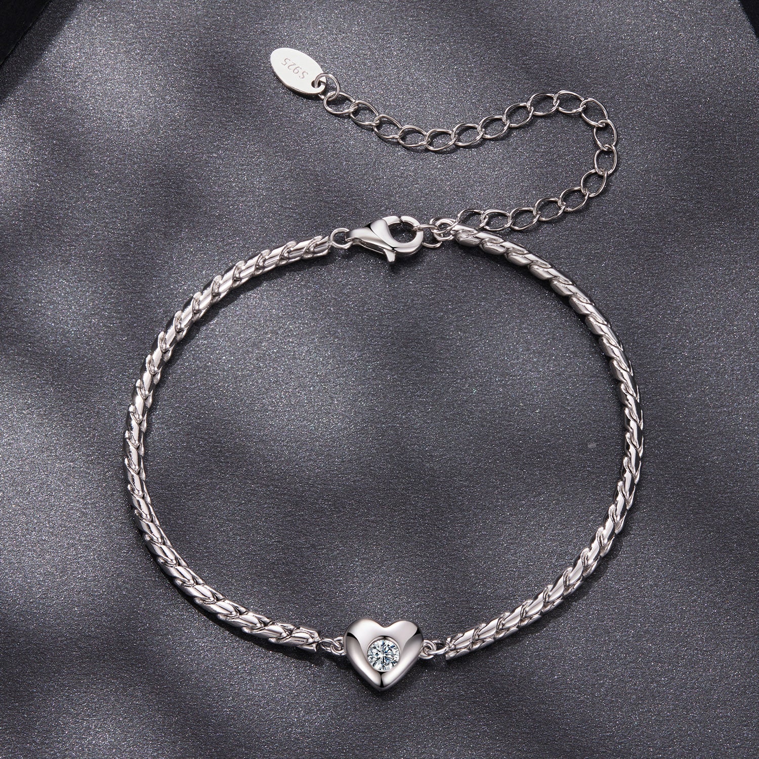 925 Sterling Silver Moissanite Heart Bracelet for Women - Silver - 15+6cm Length, 0.3cm Thickness DestGlow