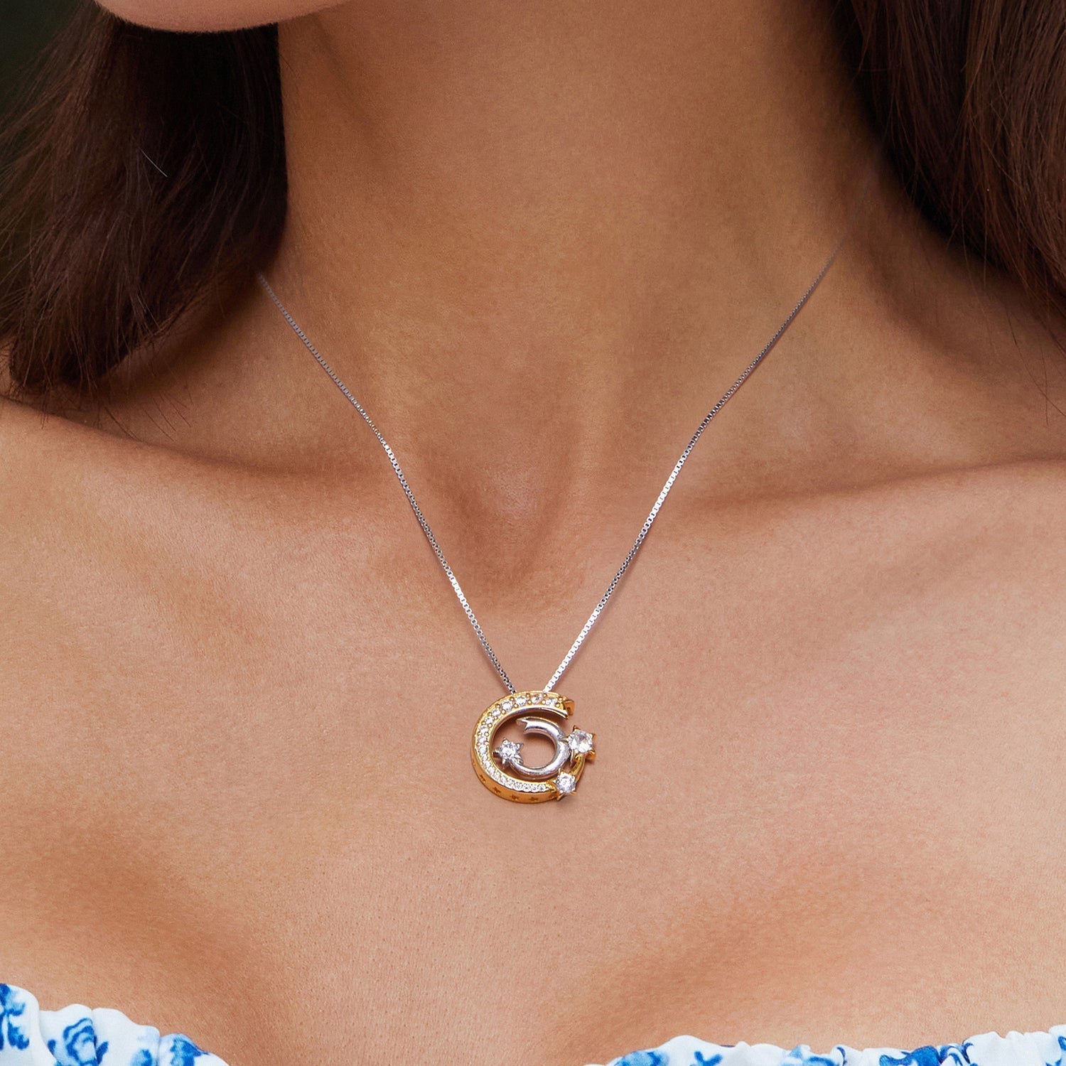925 Sterling Silver Necklace with Pavé Setting CZ & Plated Gold - 400mm Length DestGlow