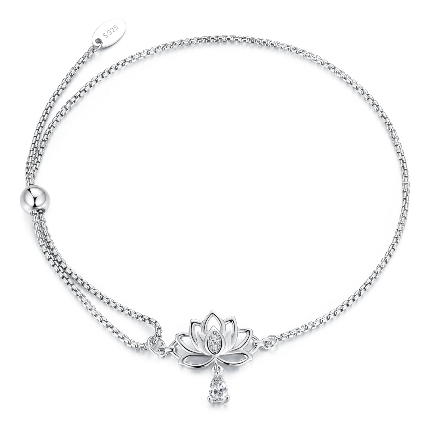 925 Sterling Silver Adjustable Chain Bracelet with White Gold Plating and CZ for Women DestGlow