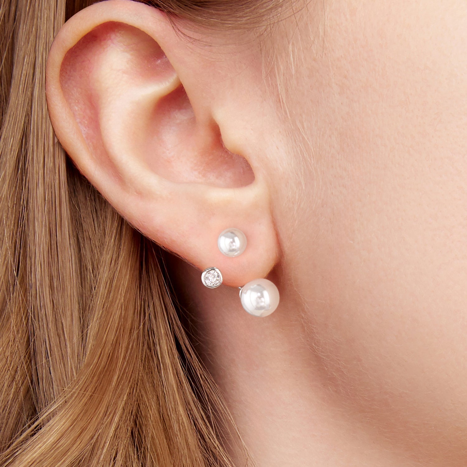 925 Sterling Silver Earrings with CZ and Synthetic Pearl, 1.7cm, White Gold Plated for Women DestGlow