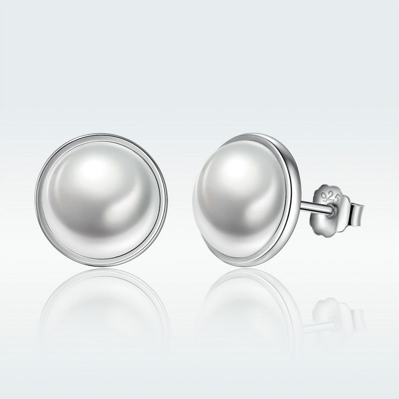 925 Sterling Silver Earrings with Pavé Setting, Quality Shell Pearl, 9mm for Women DestGlow
