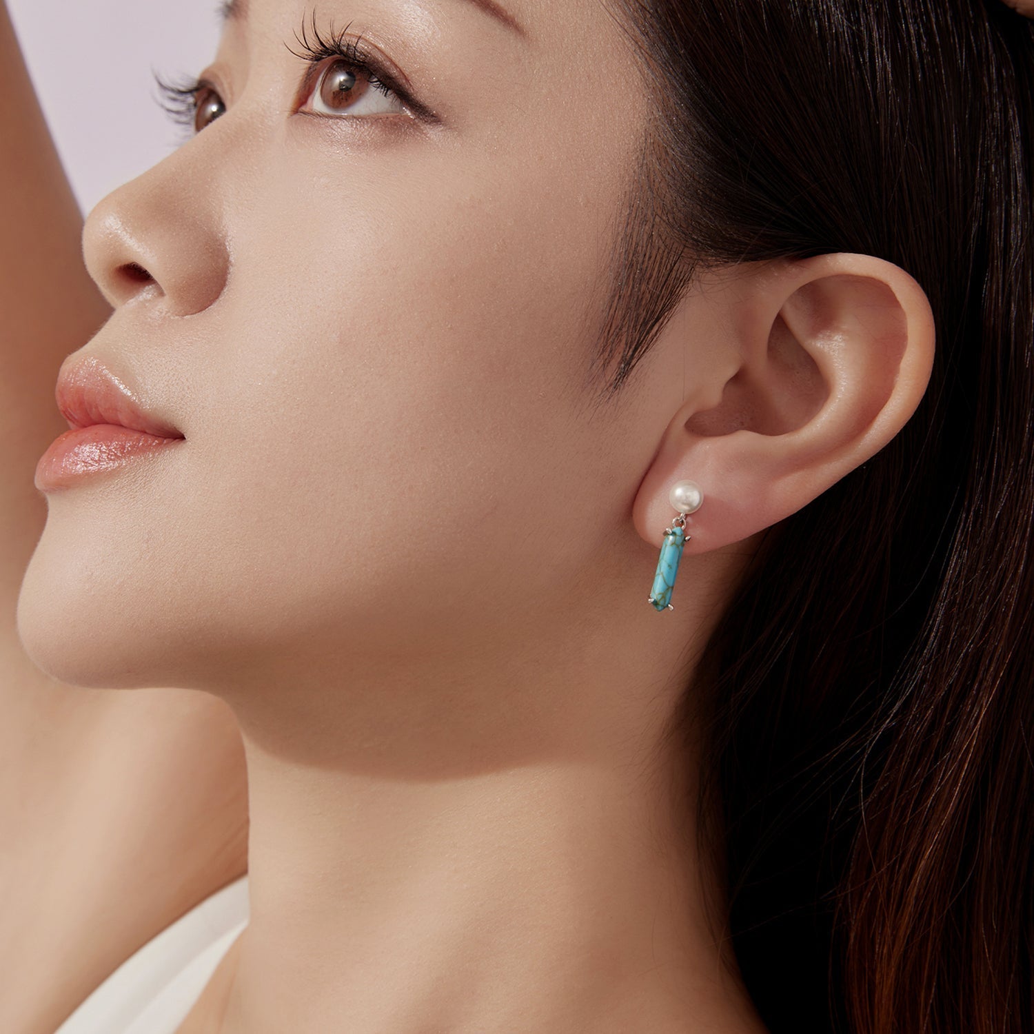 925 Sterling Silver Earrings with Synthetic Turquoise and Pearl, 2.4*0.6cm for Women DestGlow