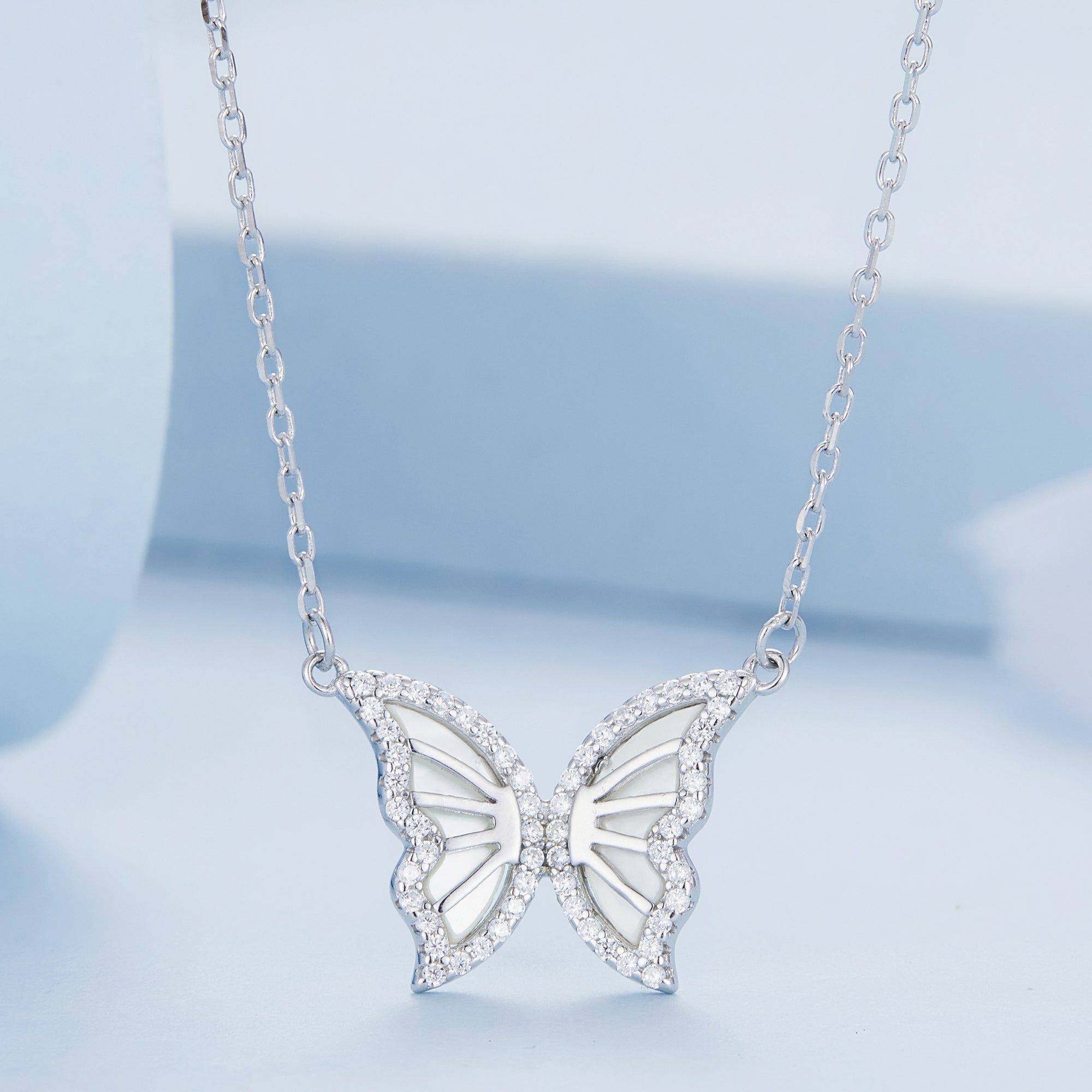 S925 Sterling Silver Plated Nacre & CZ Necklace, 40+5cm for Women DestGlow