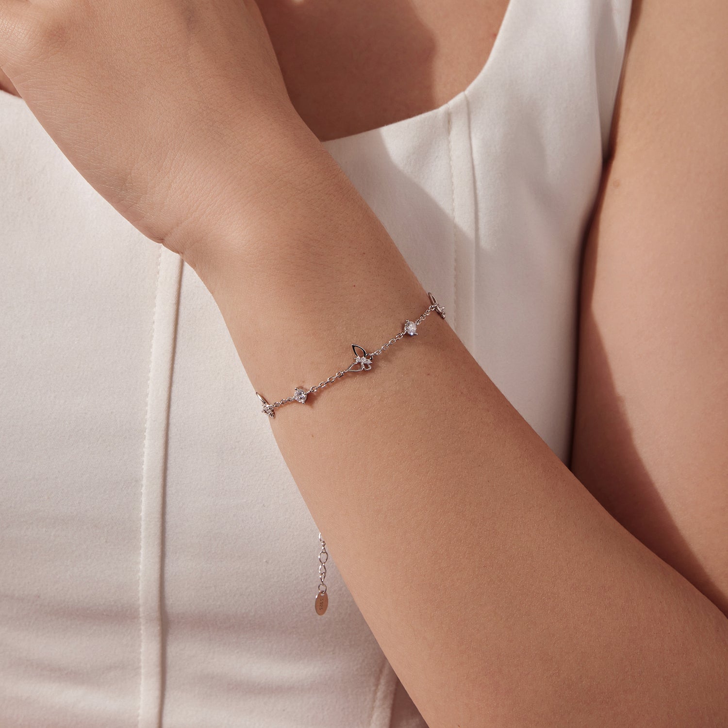 925 Sterling Silver White Gold Plated Bracelet with Moissanite, 15+6cm, for Women DestGlow