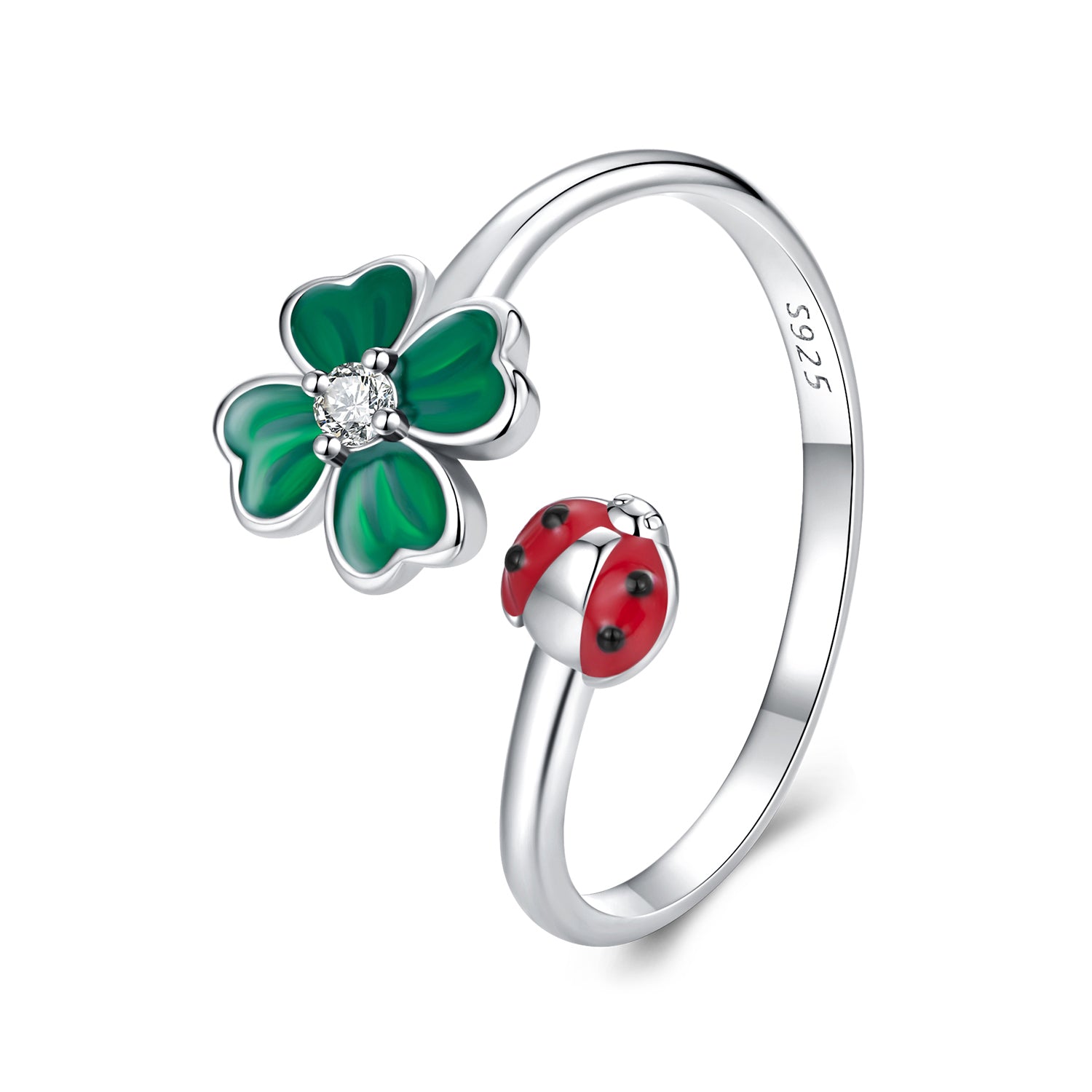 925 Sterling Silver Ladybug Four-leaf Clover Ring for Women DestGlow