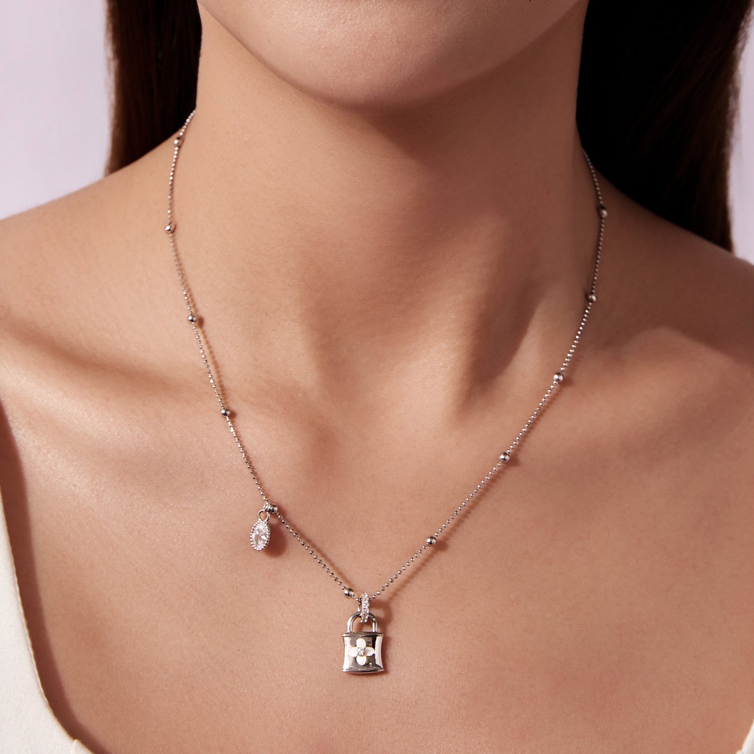 925 Sterling Silver White Gold Plated Necklace with CZ and Nacre for Women DestGlow