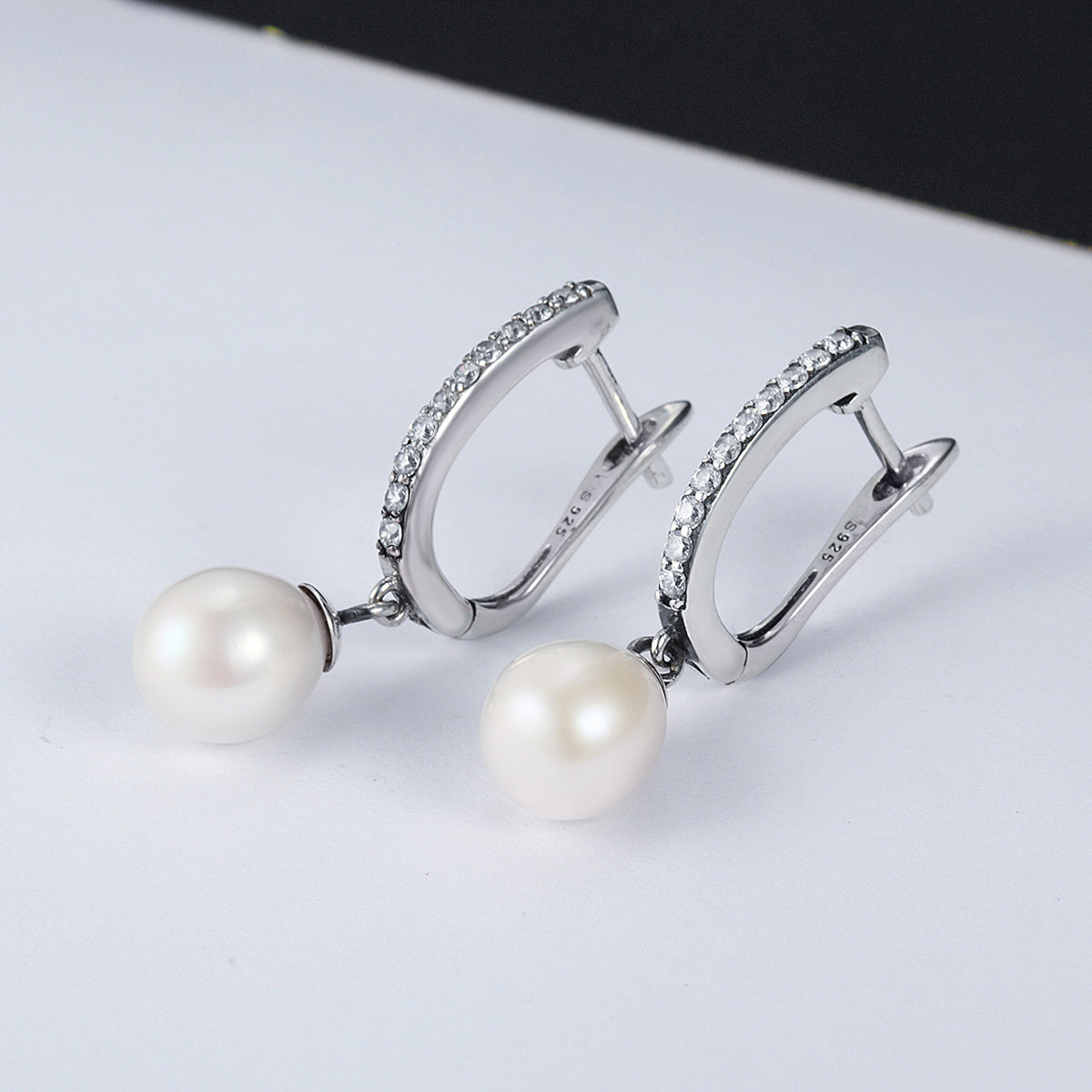 925 Sterling Silver Freshwater Pearl Earrings with Pavé Setting CZ for Women DestGlow