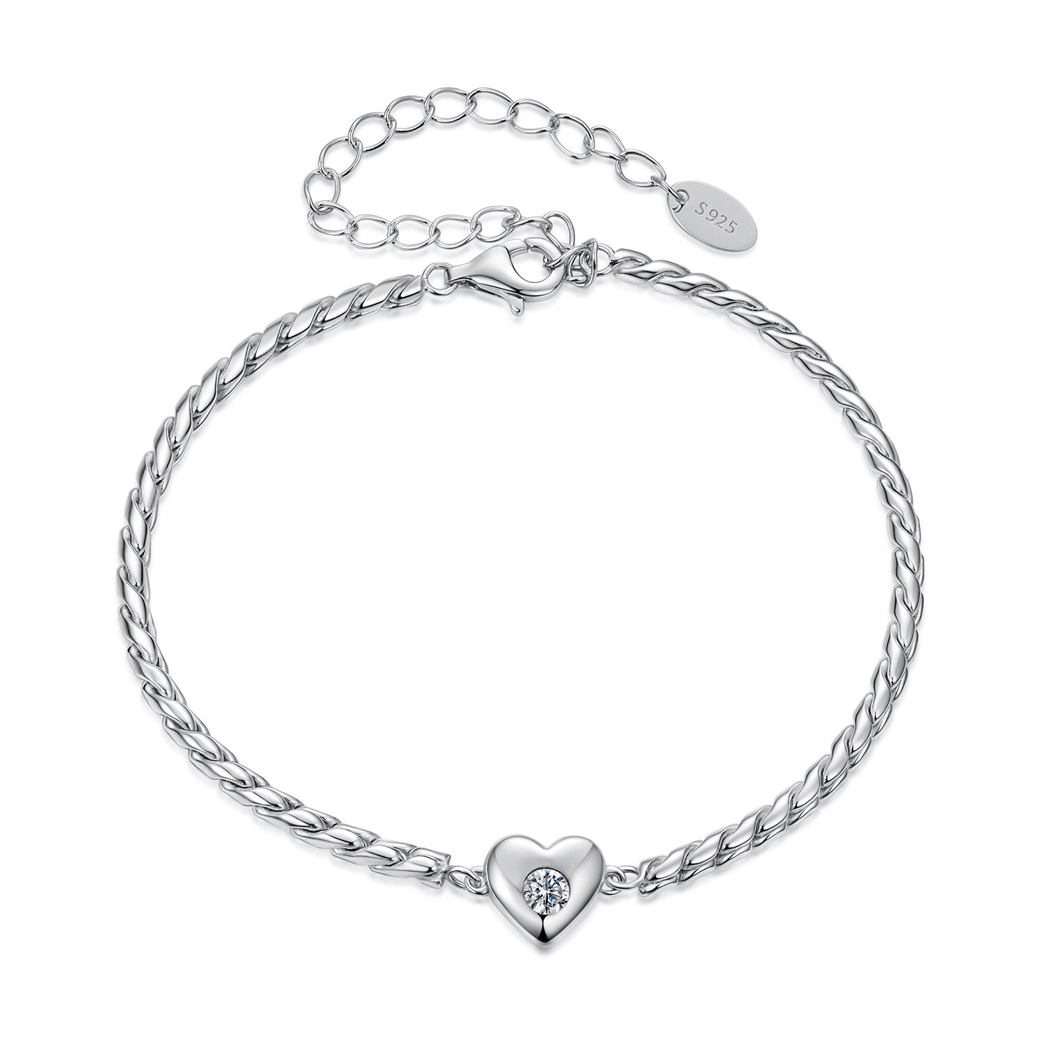 925 Sterling Silver Moissanite Heart Bracelet for Women - Silver - 15+6cm Length, 0.3cm Thickness DestGlow