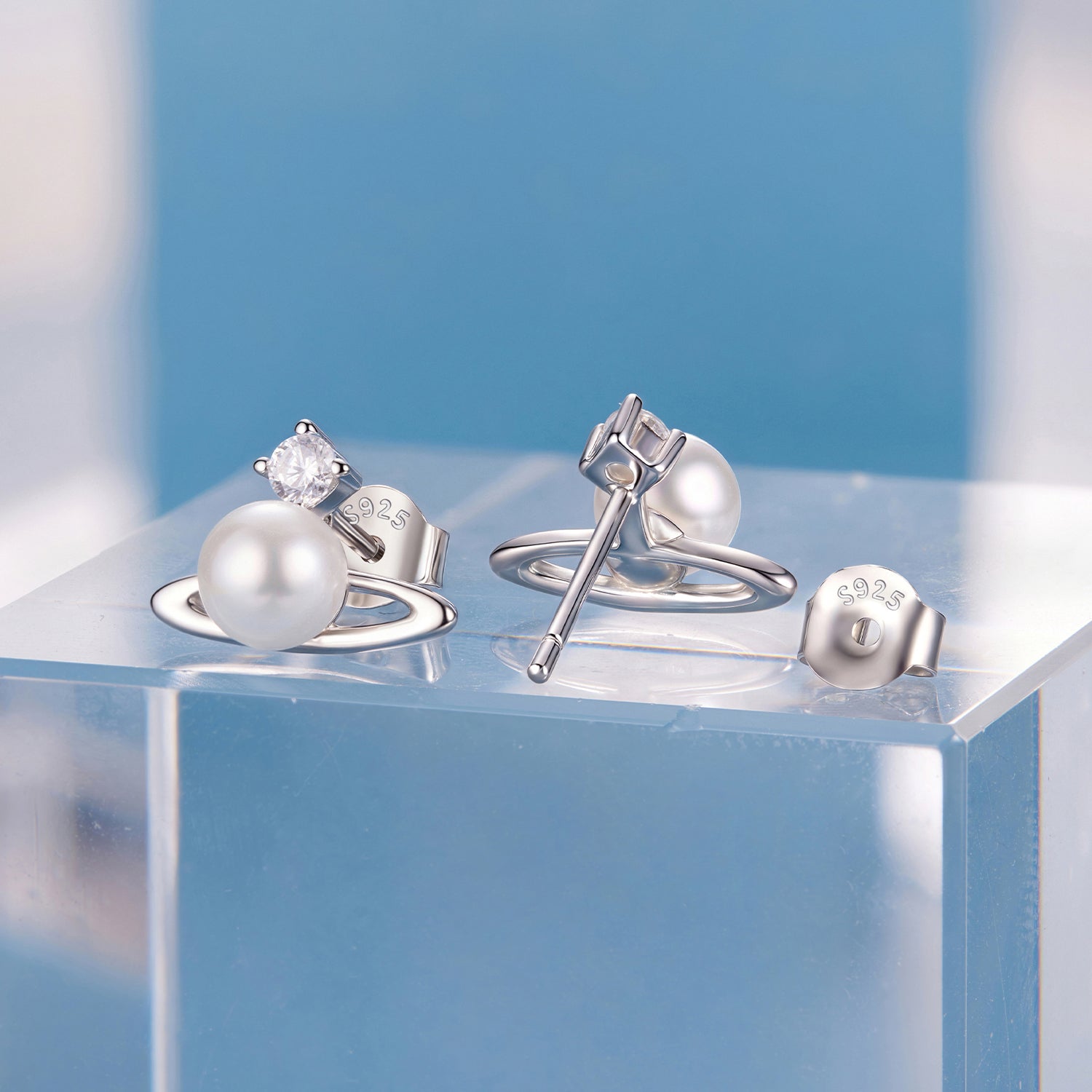 925 Sterling Silver Earrings with White Gold Plating and Shell Pearl DestGlow