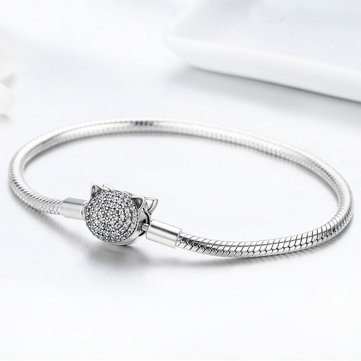 925 Sterling Silver Bracelet with Cat Head Charm, 17cm for Women DestGlow