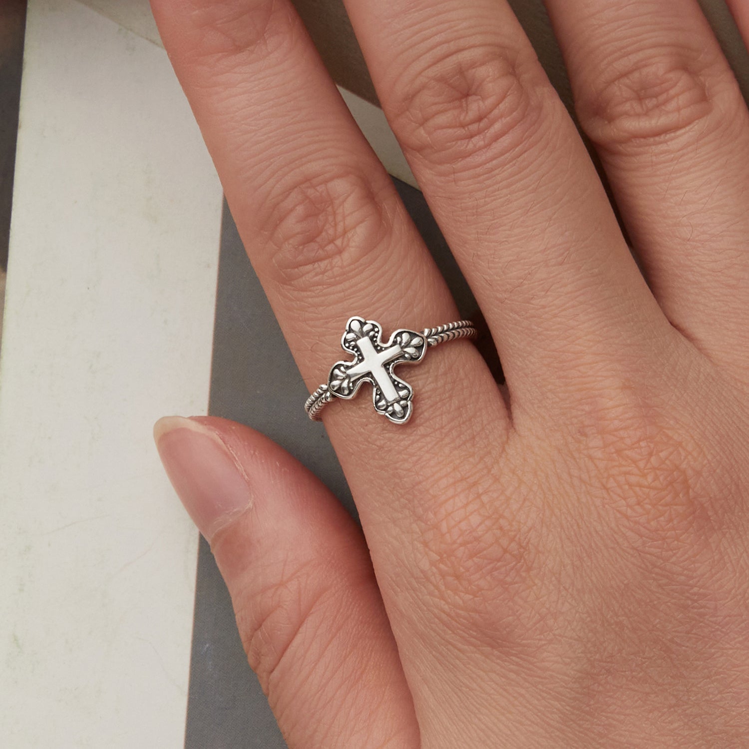 925 Sterling Silver Oxidized Silver 0.18cm Crucifix Adjustable Ring for Women DestGlow