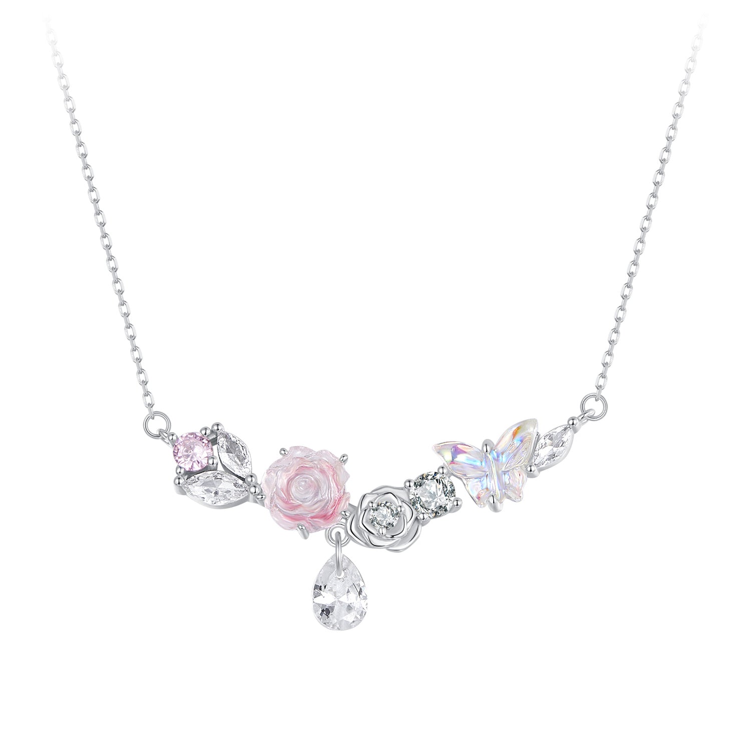 925 Sterling Silver Necklace with CZ & Resin Pendant, 18x39mm, Plated with White Gold DestGlow