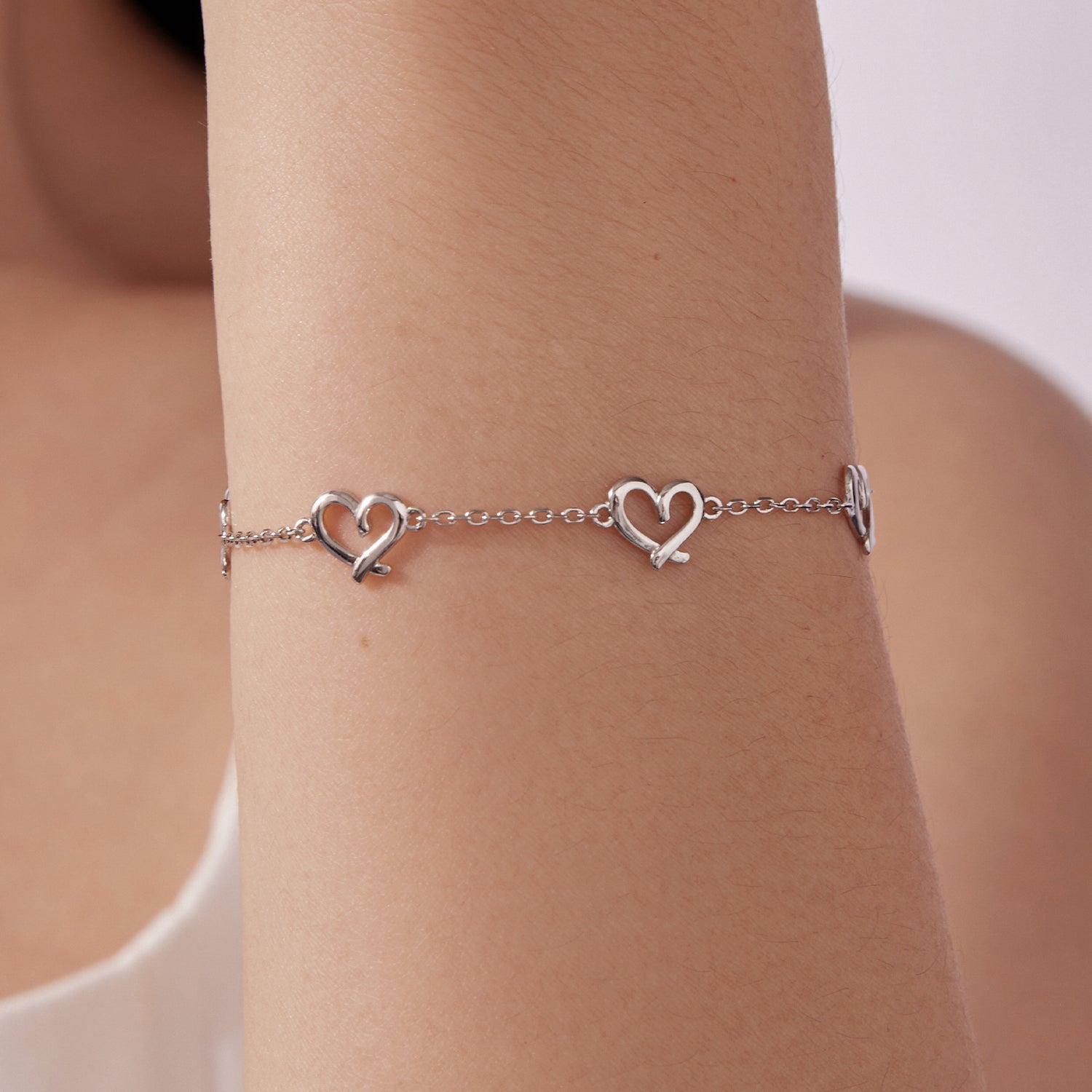 925 Sterling Silver 15+6cm 0.8cm Heart White Gold Plated Bracelet for Women DestGlow
